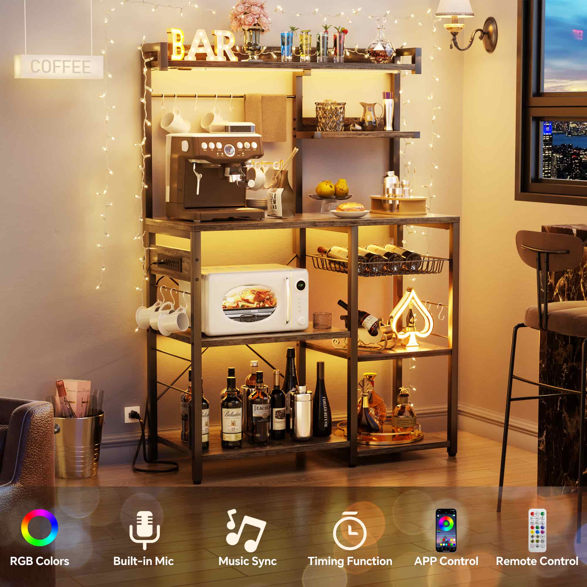 Bakers Rack with Power Outlet and LED Light