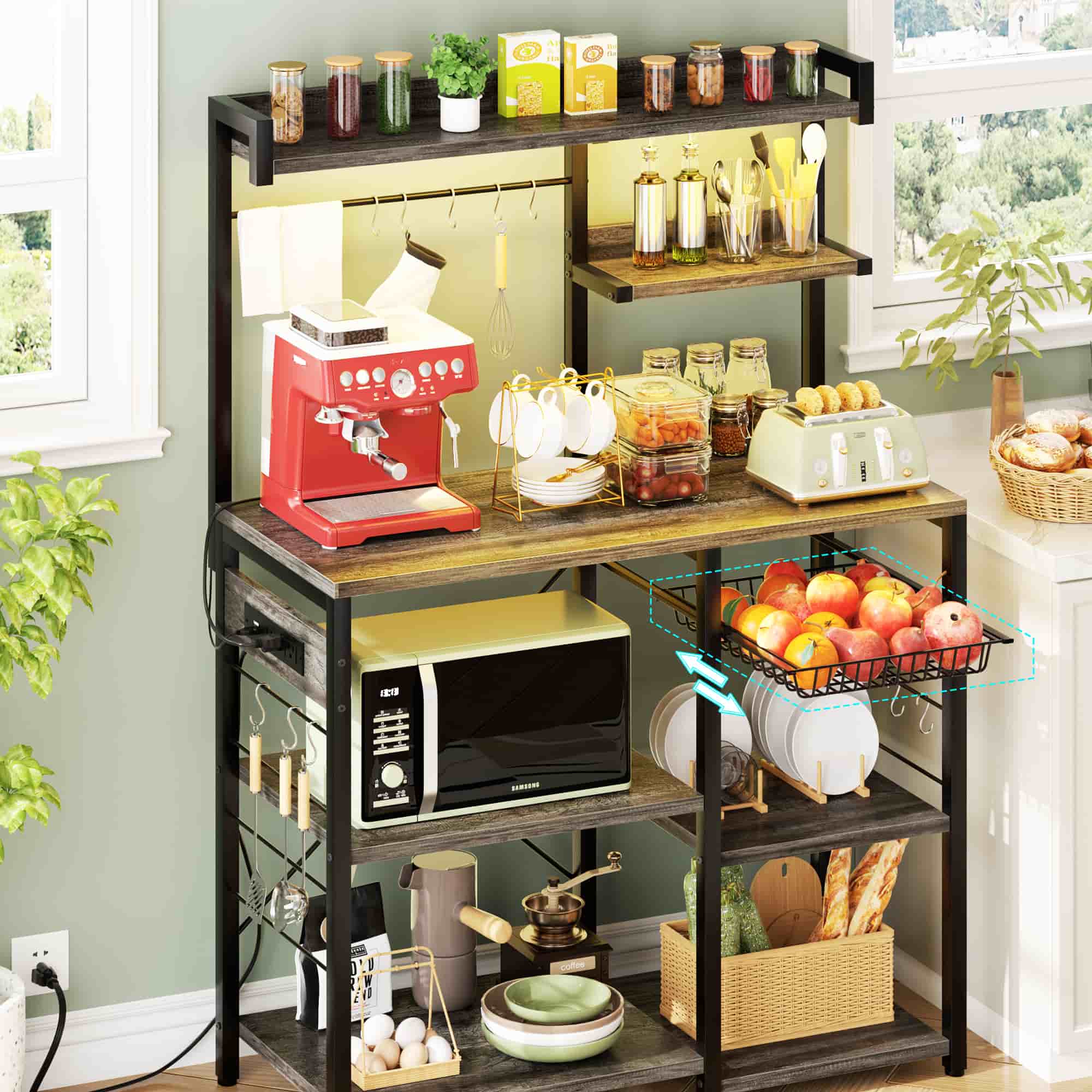 Bakers Rack with Power Outlet and LED Light