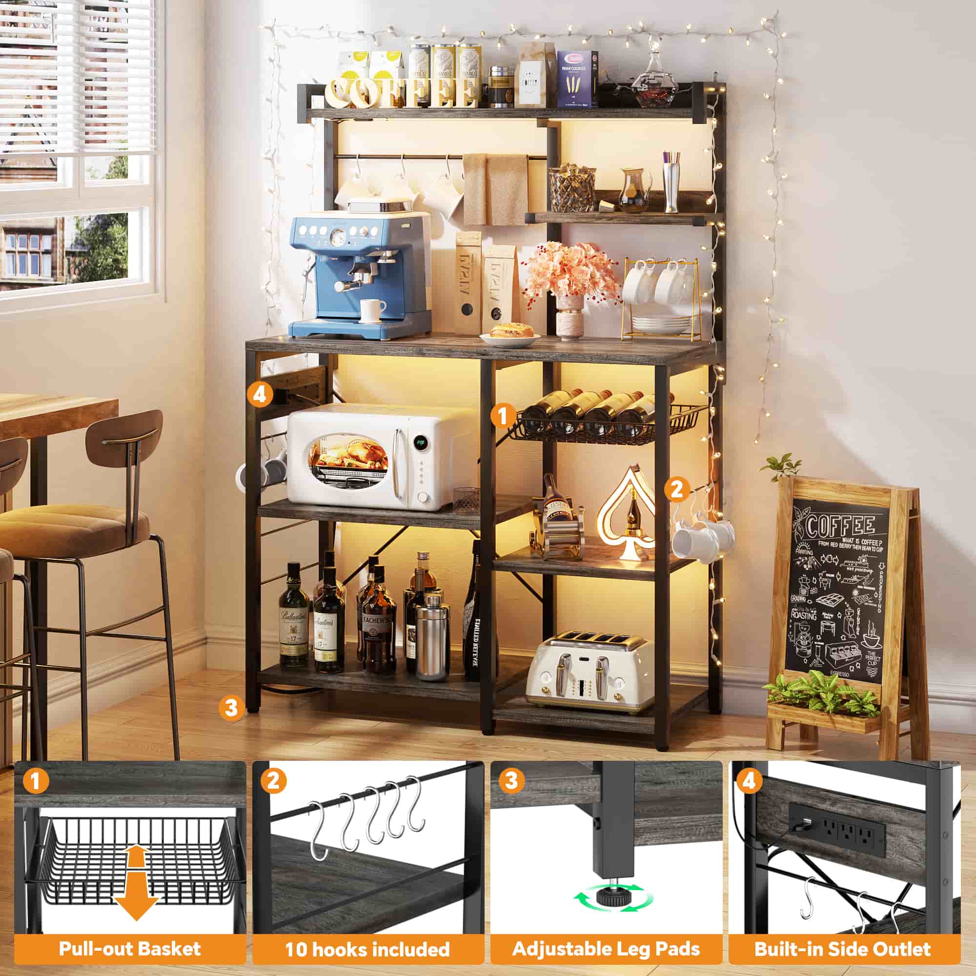 Bakers Rack with Power Outlet and LED Light