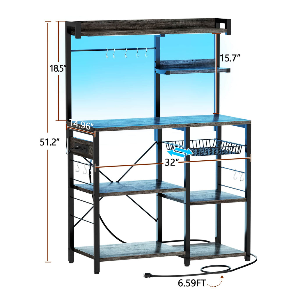 Bakers Rack with Power Outlet and LED Light