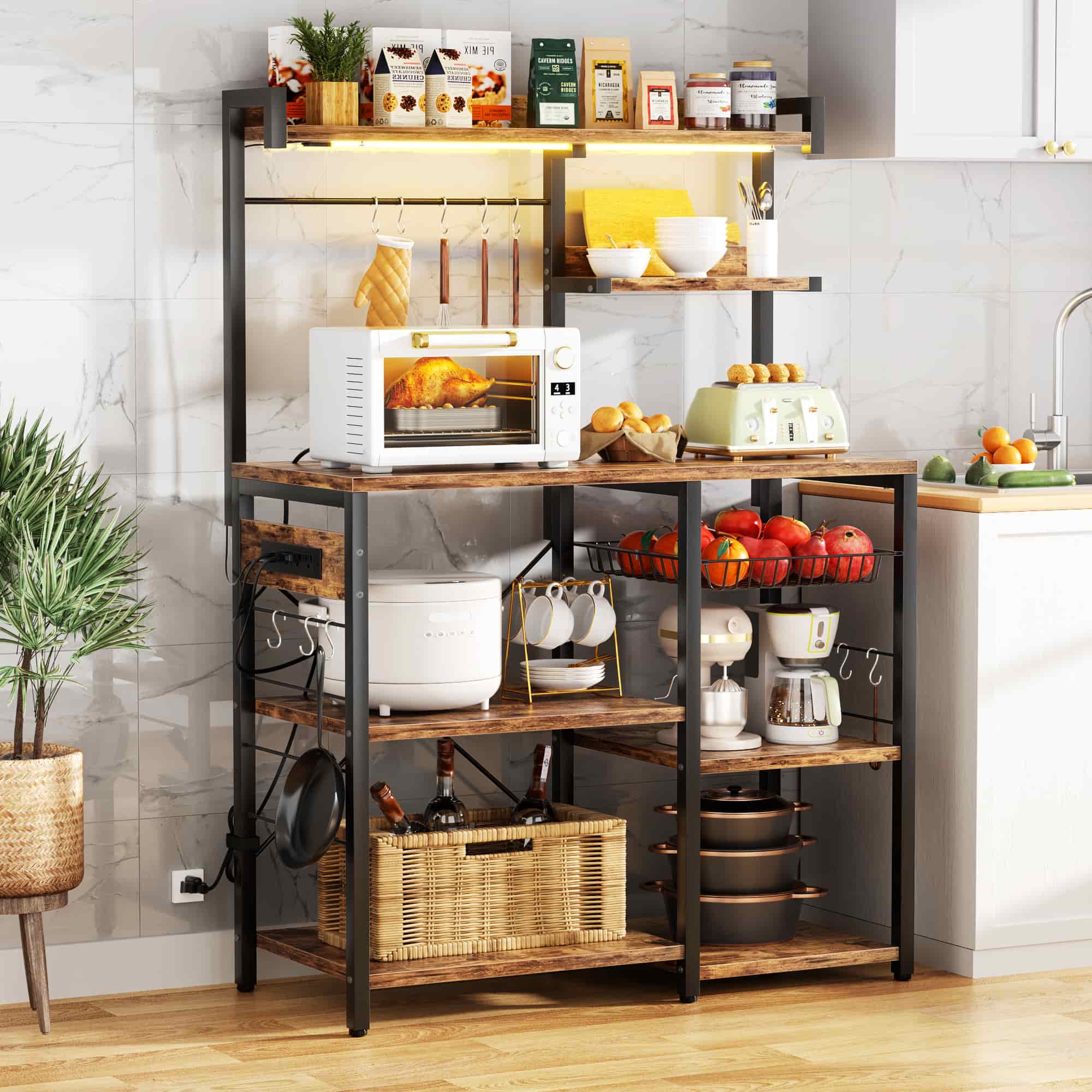 Bakers Rack with Power Outlet and LED Light