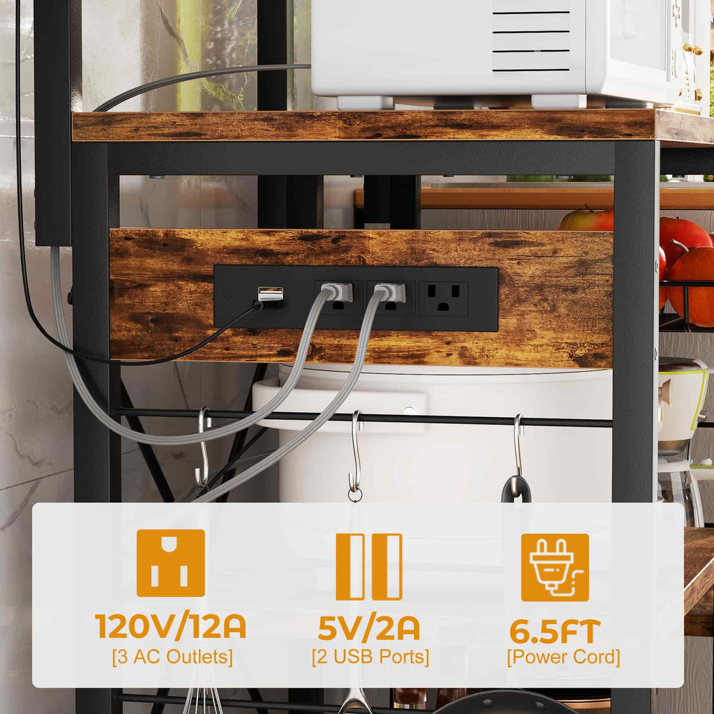 Bakers Rack with Power Outlet and LED Light