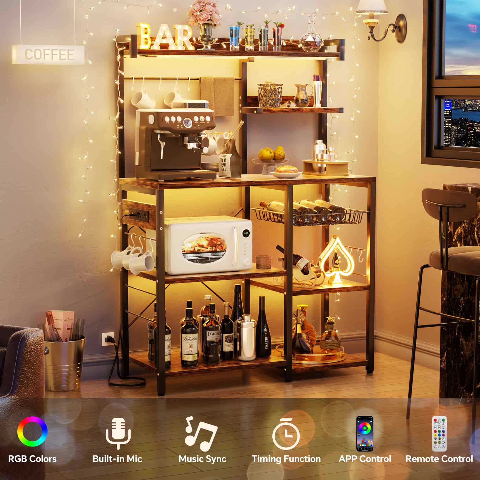 Bakers Rack with Power Outlet and LED Light