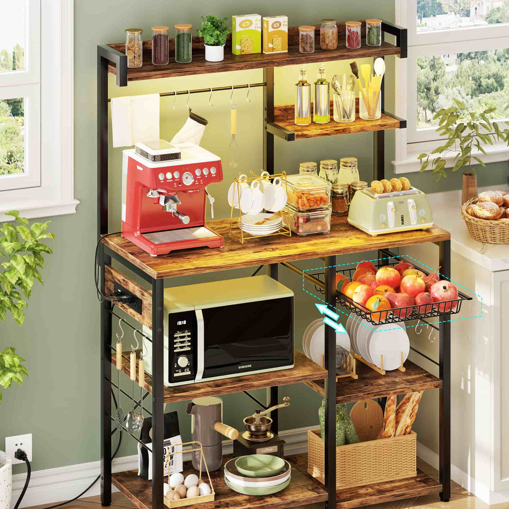 Bakers Rack with Power Outlet and LED Light