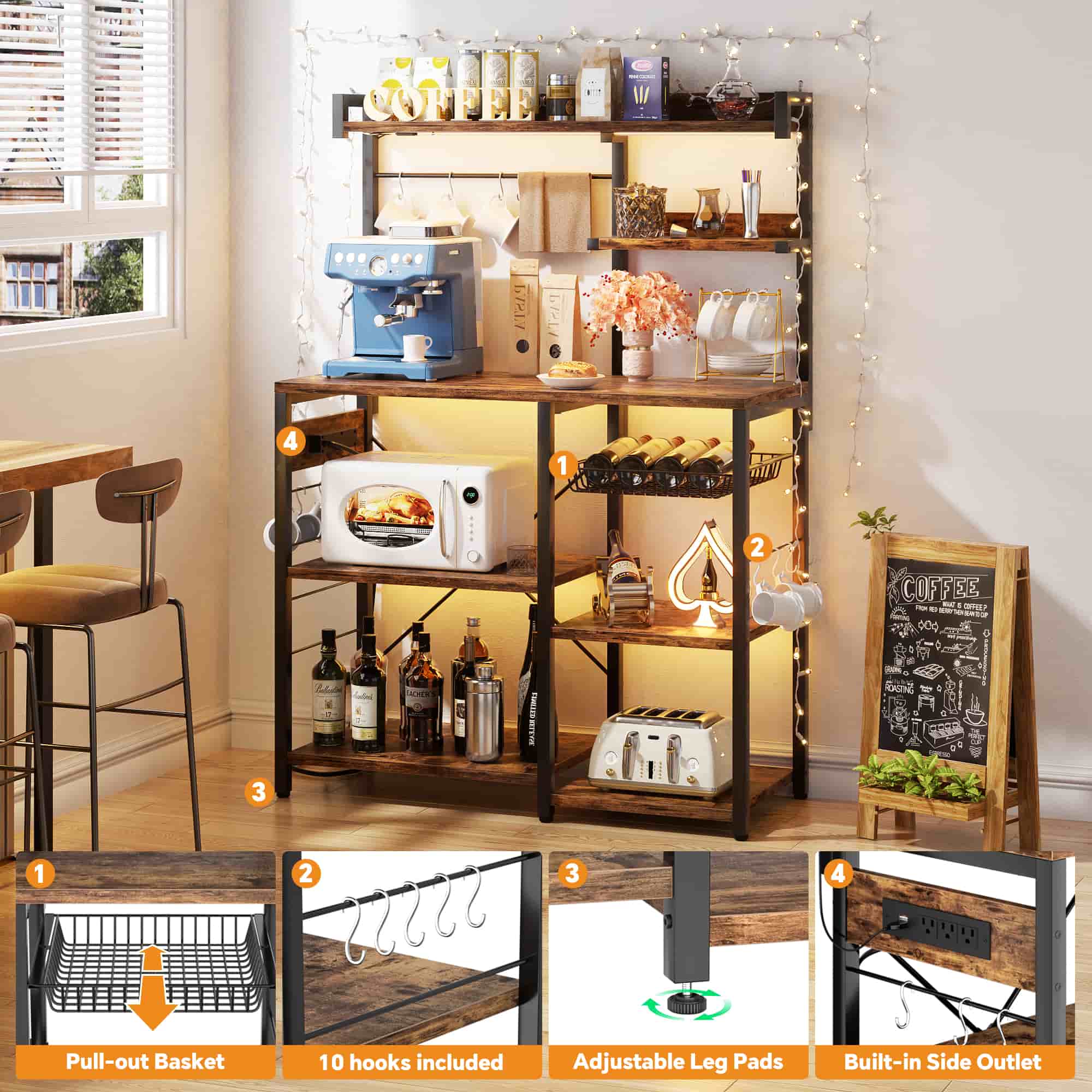 Bakers Rack with Power Outlet and LED Light