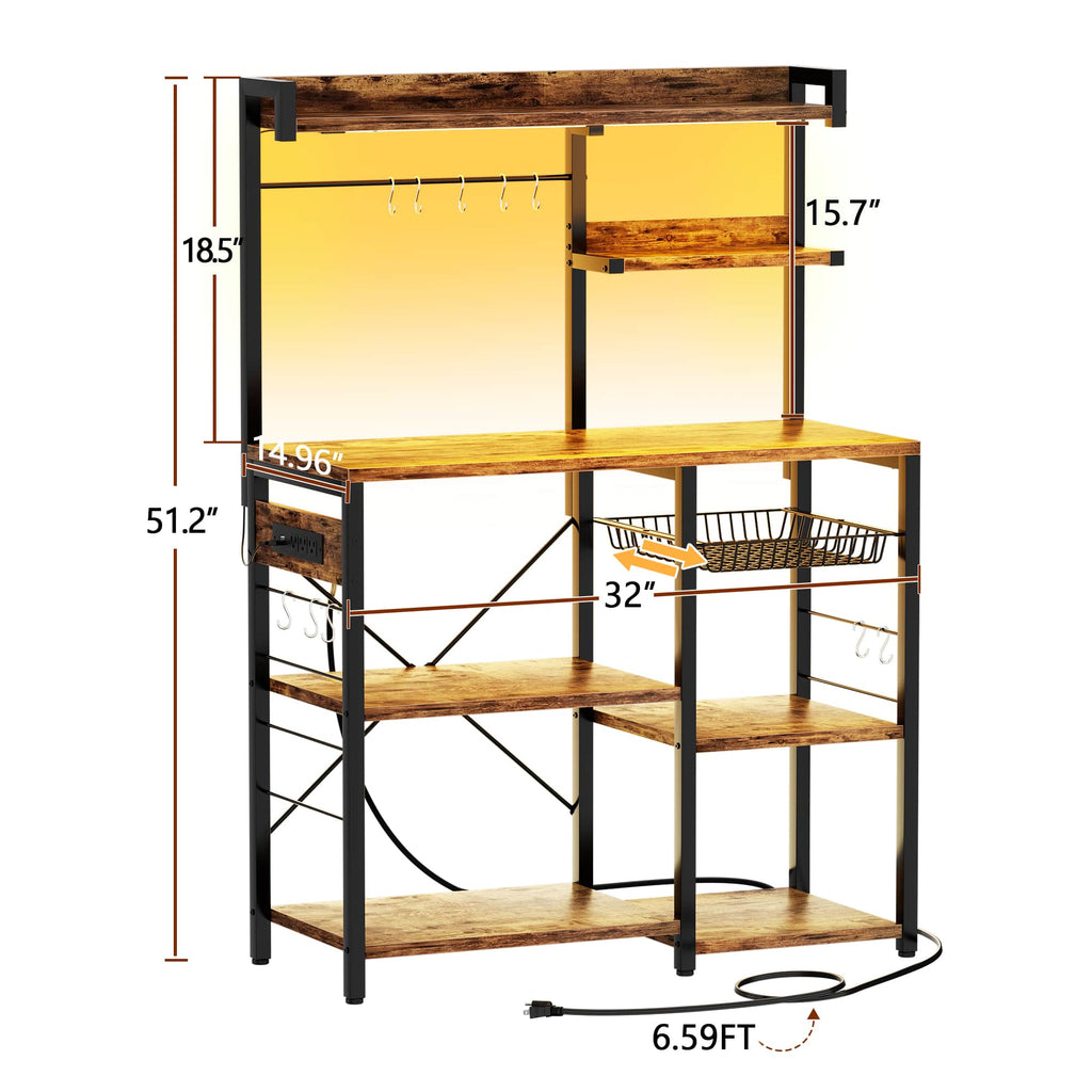 Bakers Rack with Power Outlet and LED Light