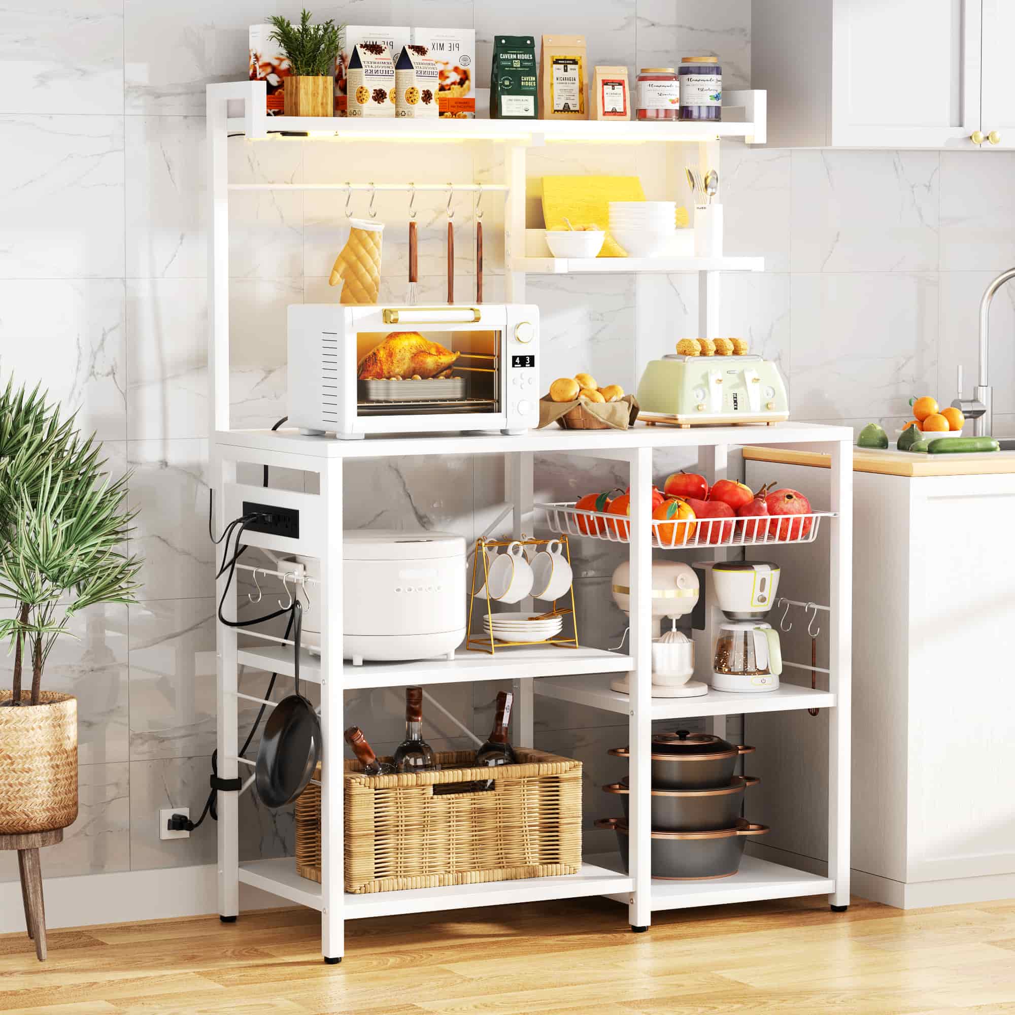 Bakers Rack with Power Outlet and LED Light
