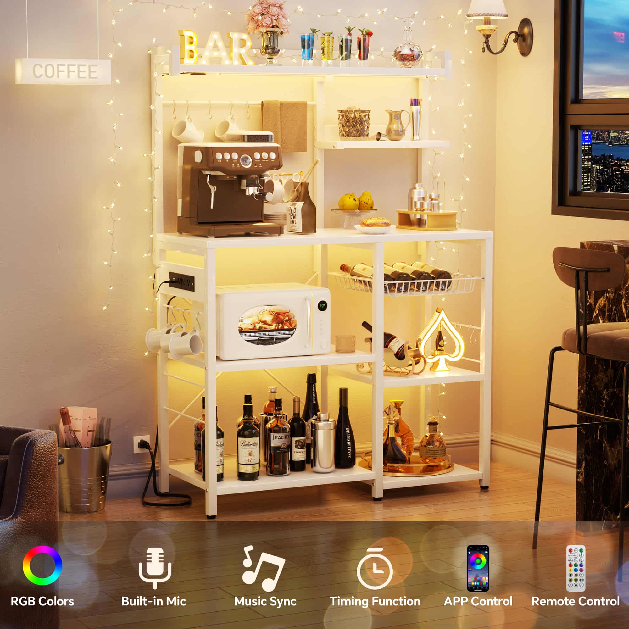 Bakers Rack with Power Outlet and LED Light