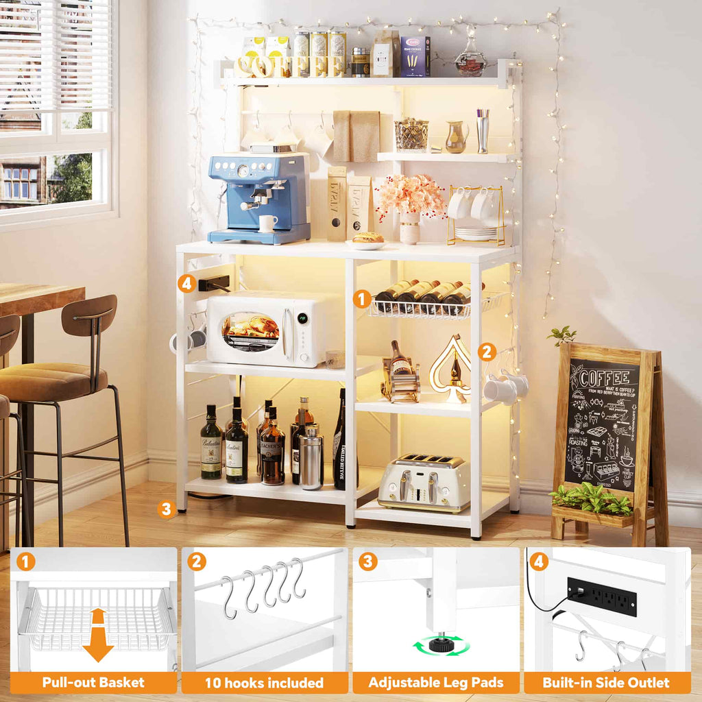 Bakers Rack with Power Outlet and LED Light