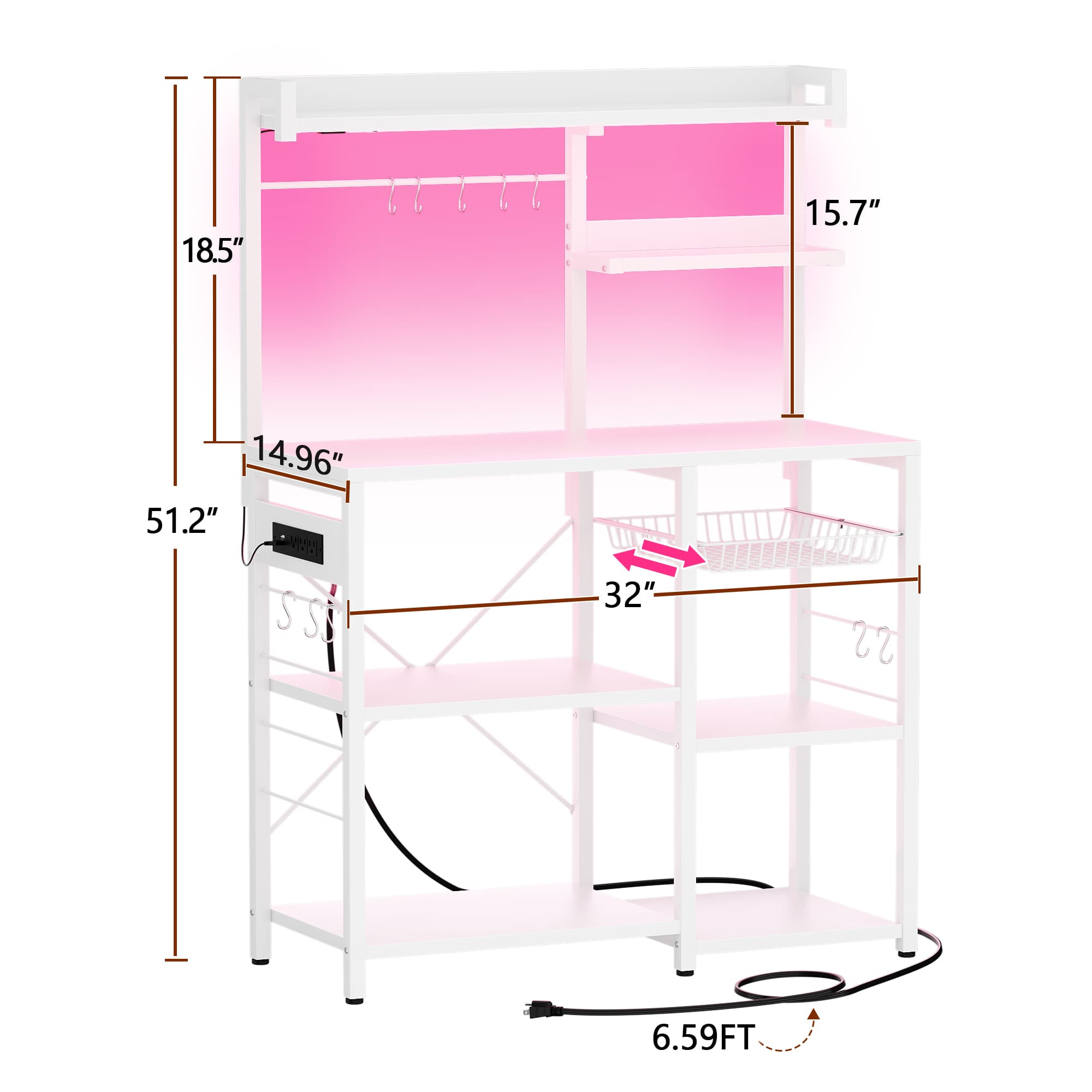 Bakers Rack with Power Outlet and LED Light