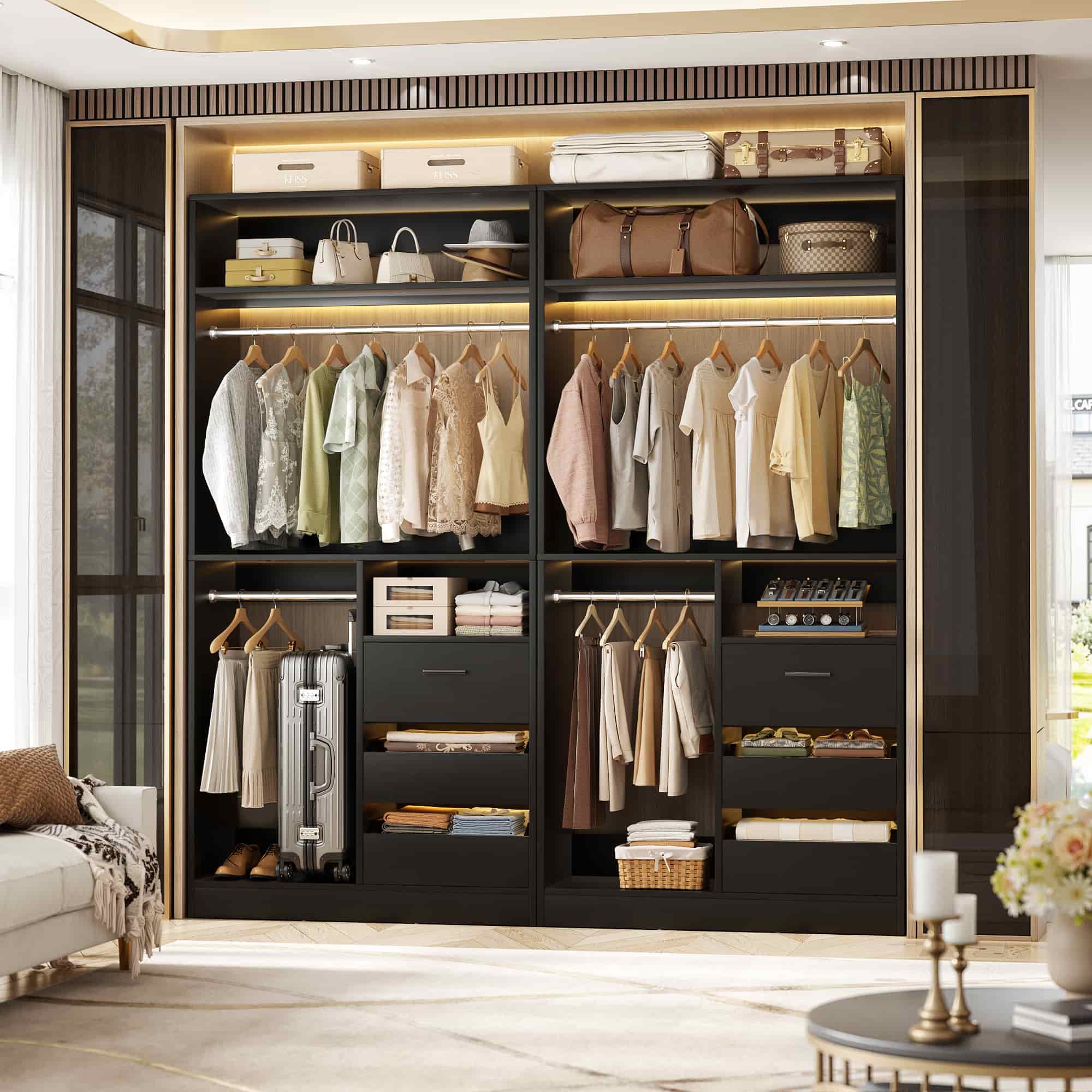 72'' Closet System with 6 Drawers and 4 Hanging Rods