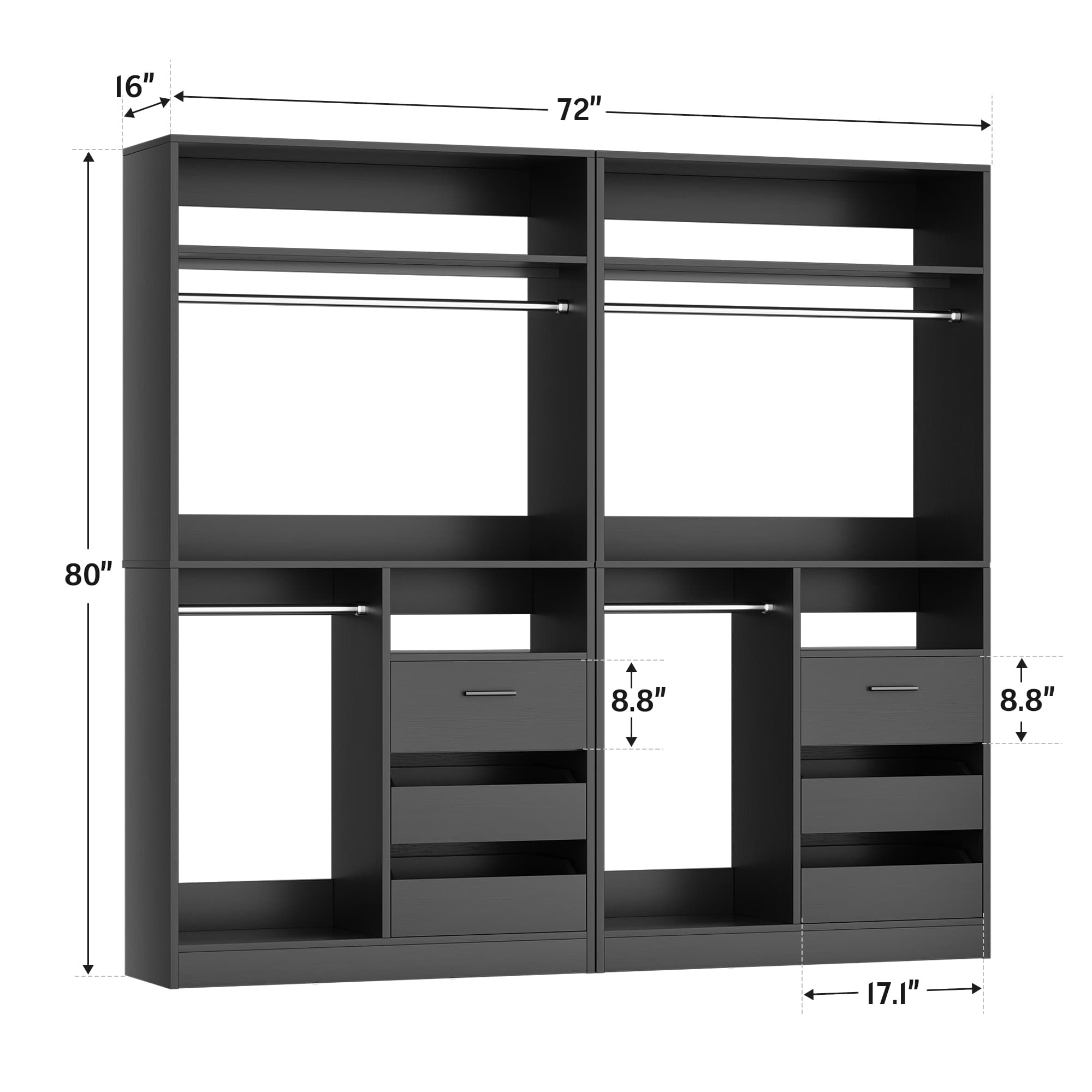 72'' Closet System with 6 Drawers and 4 Hanging Rods