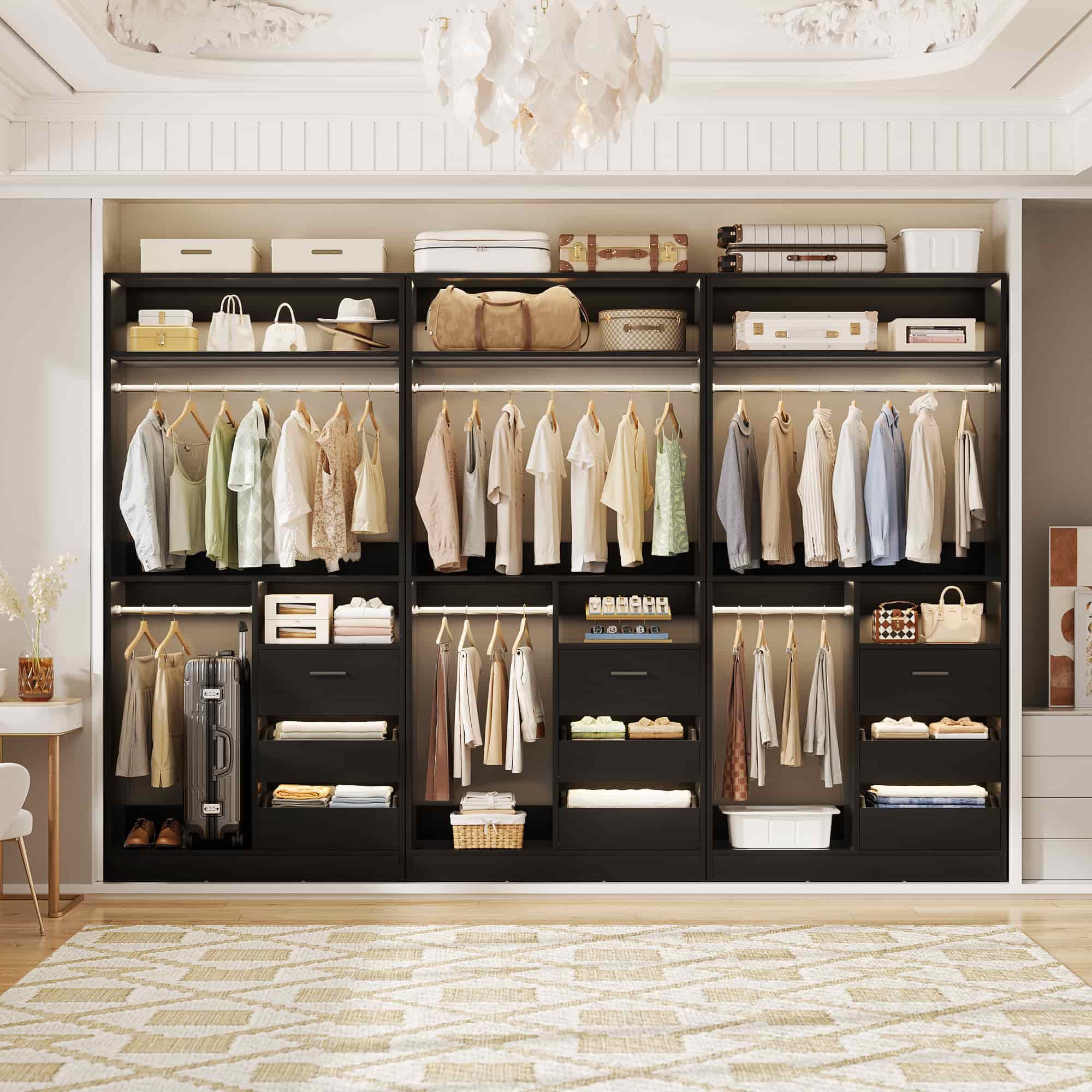 108'' Walk-in Closet System with 9 Drawers & 6 Hanging Rods