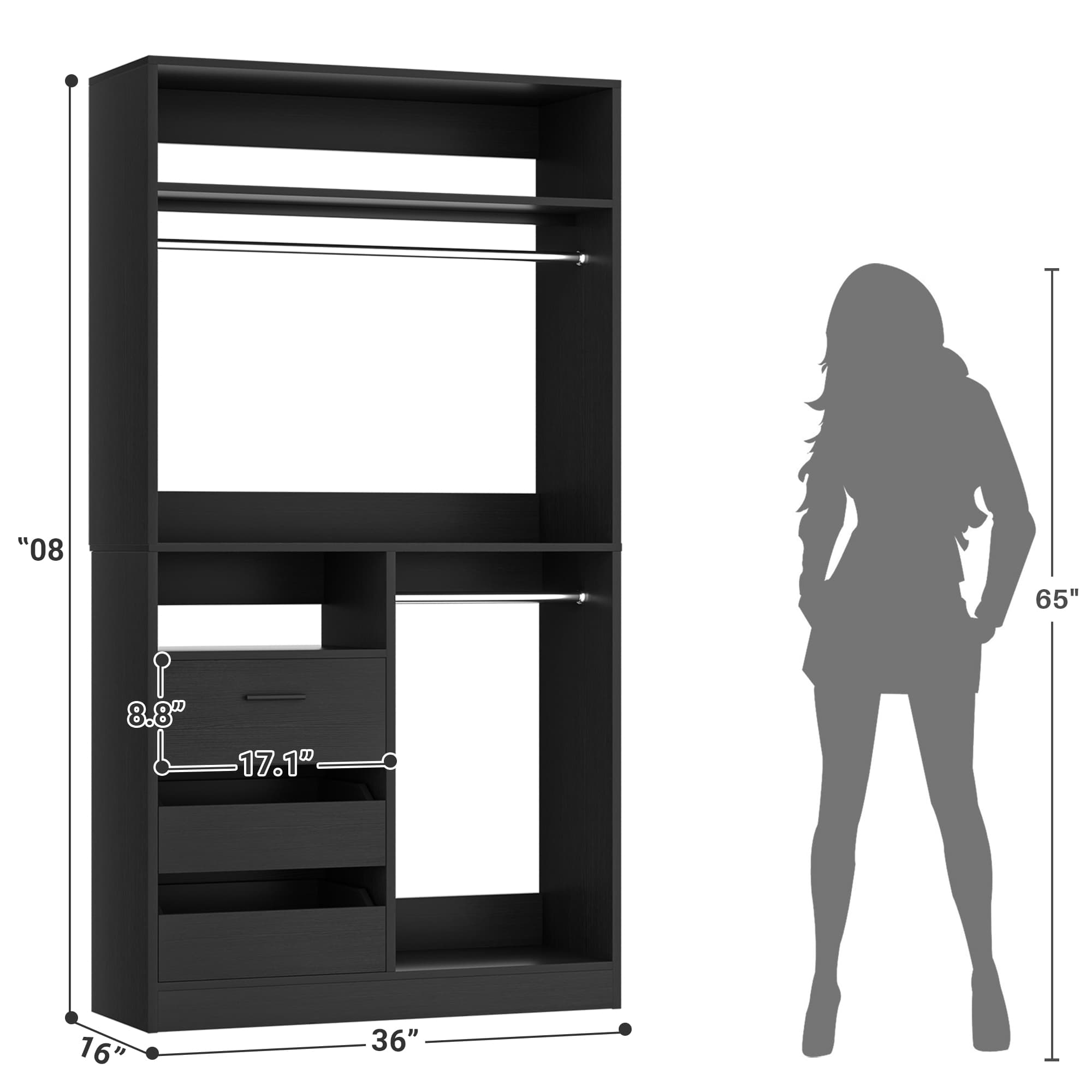 108'' Walk-in Closet System with 9 Drawers & 6 Hanging Rods