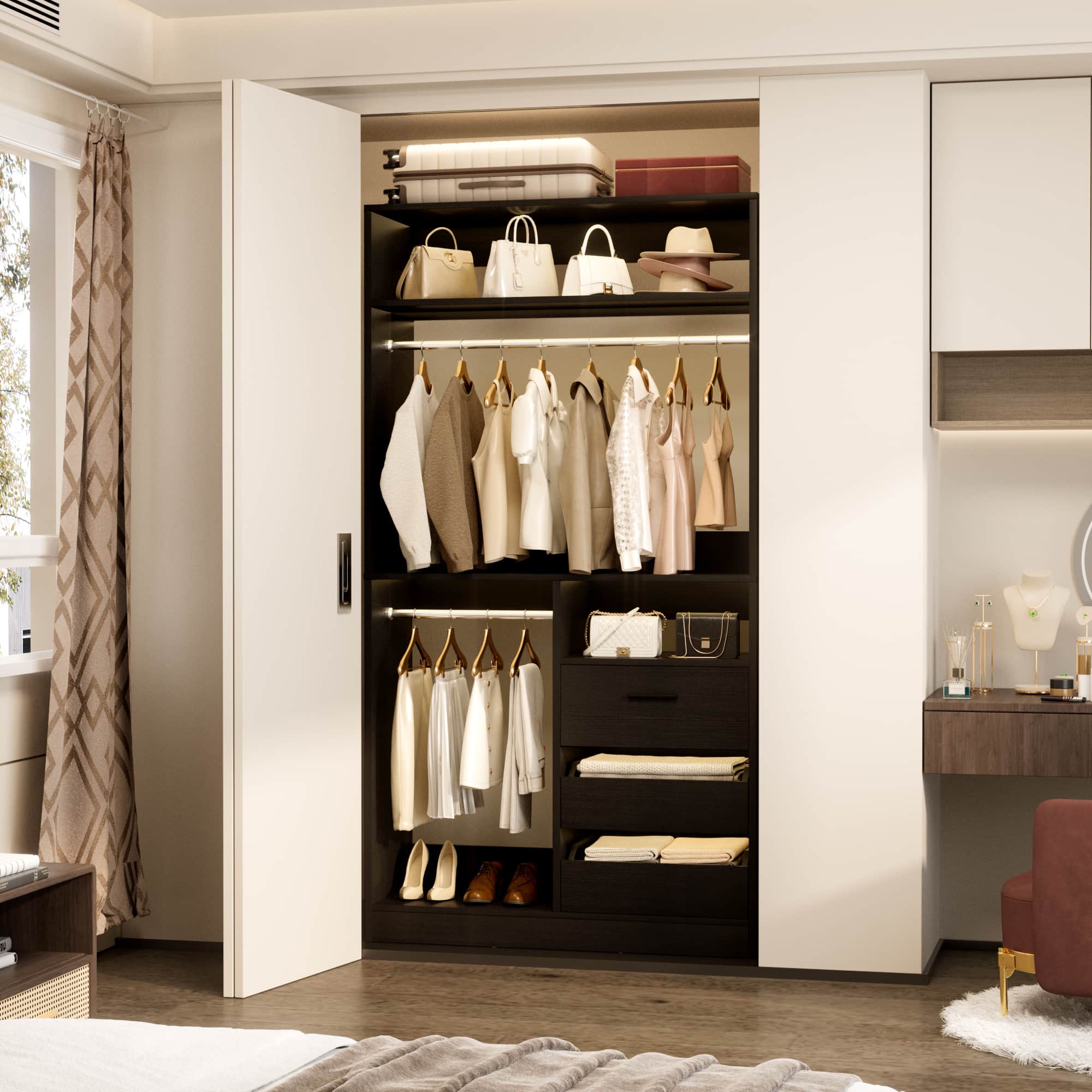 36" Free Standing Walk-in Closet System with 3 Wooden Drawers