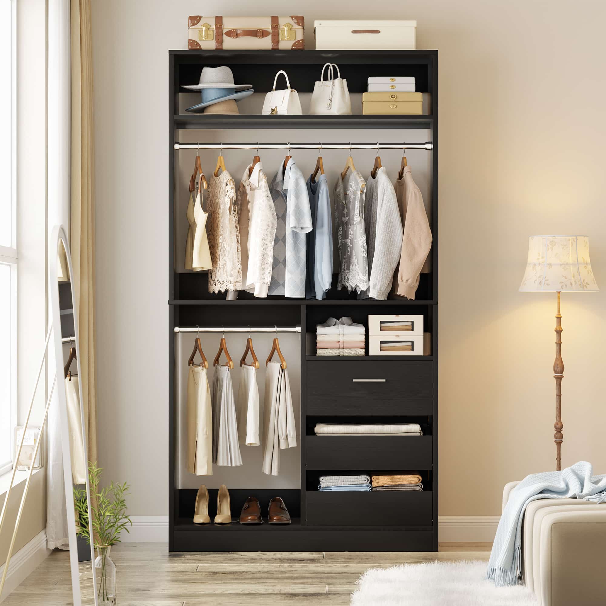 36" Free Standing Walk-in Closet System with 3 Wooden Drawers