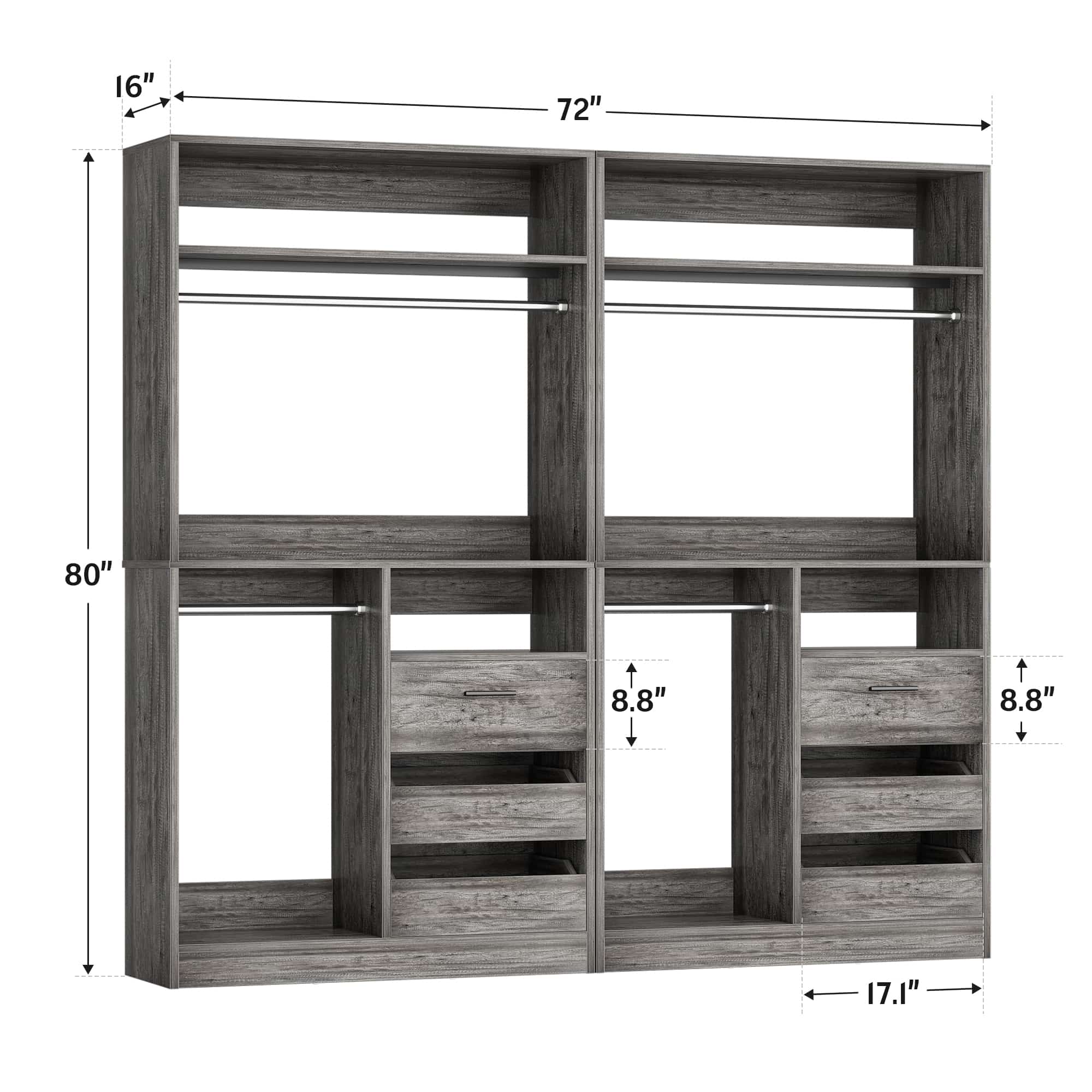 72'' Closet System with 6 Drawers and 4 Hanging Rods