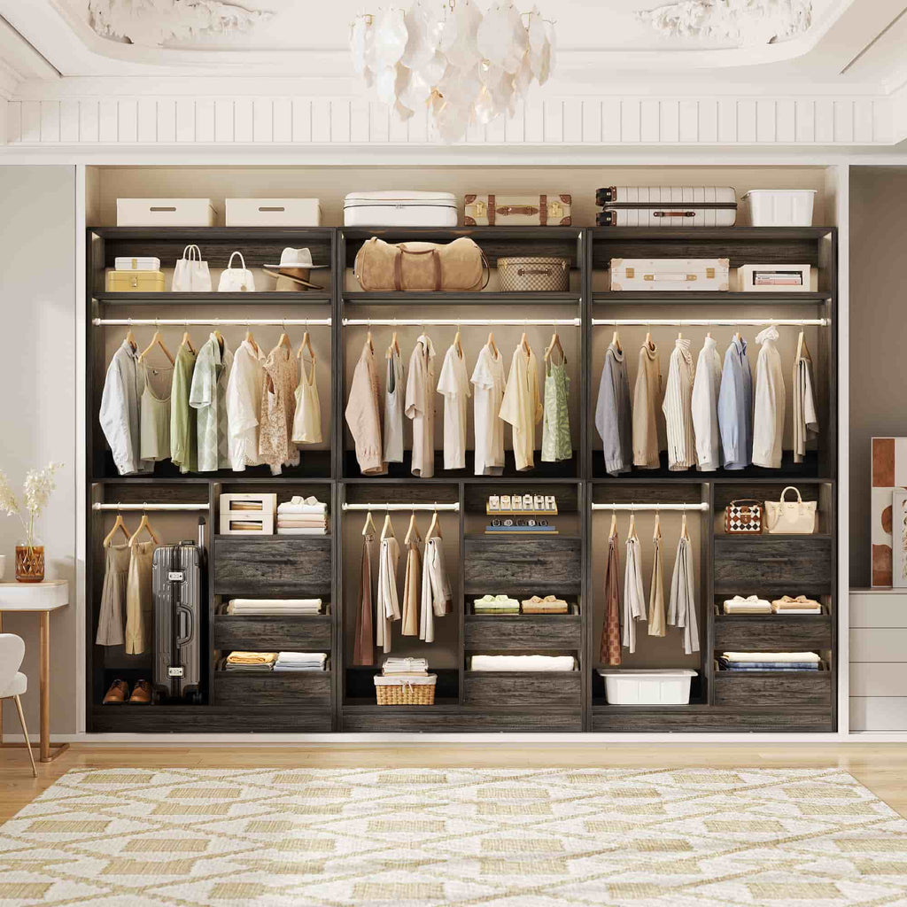 108'' Walk-in Closet System with 9 Drawers & 6 Hanging Rods