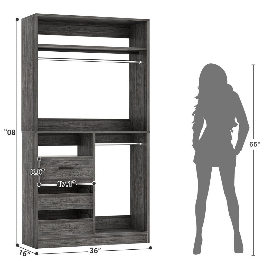 108'' Walk-in Closet System with 9 Drawers & 6 Hanging Rods