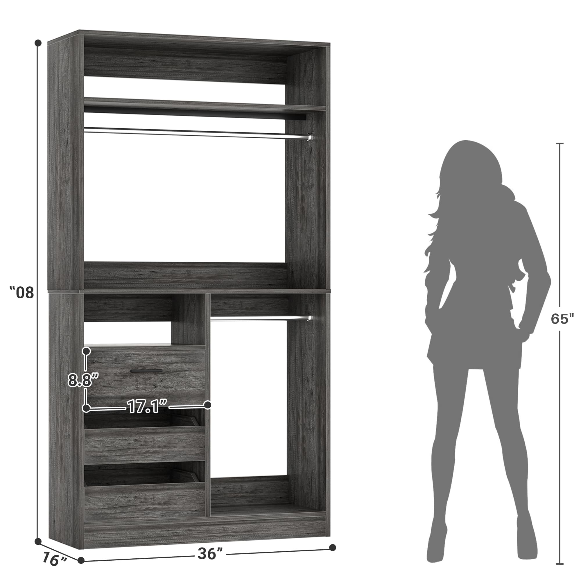 108'' Walk-in Closet System with 9 Drawers & 6 Hanging Rods