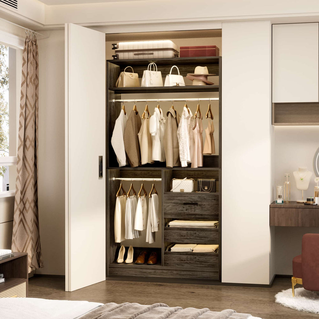 36" Free Standing Walk-in Closet System with 3 Wooden Drawers