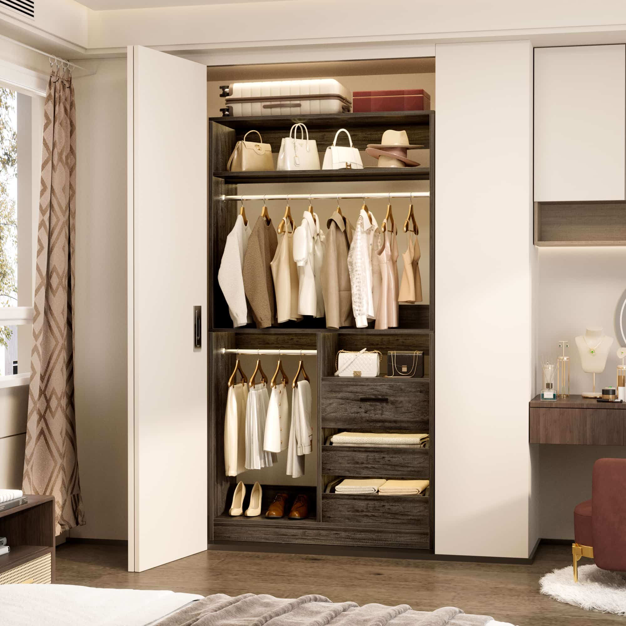 36" Free Standing Walk-in Closet System with 3 Wooden Drawers