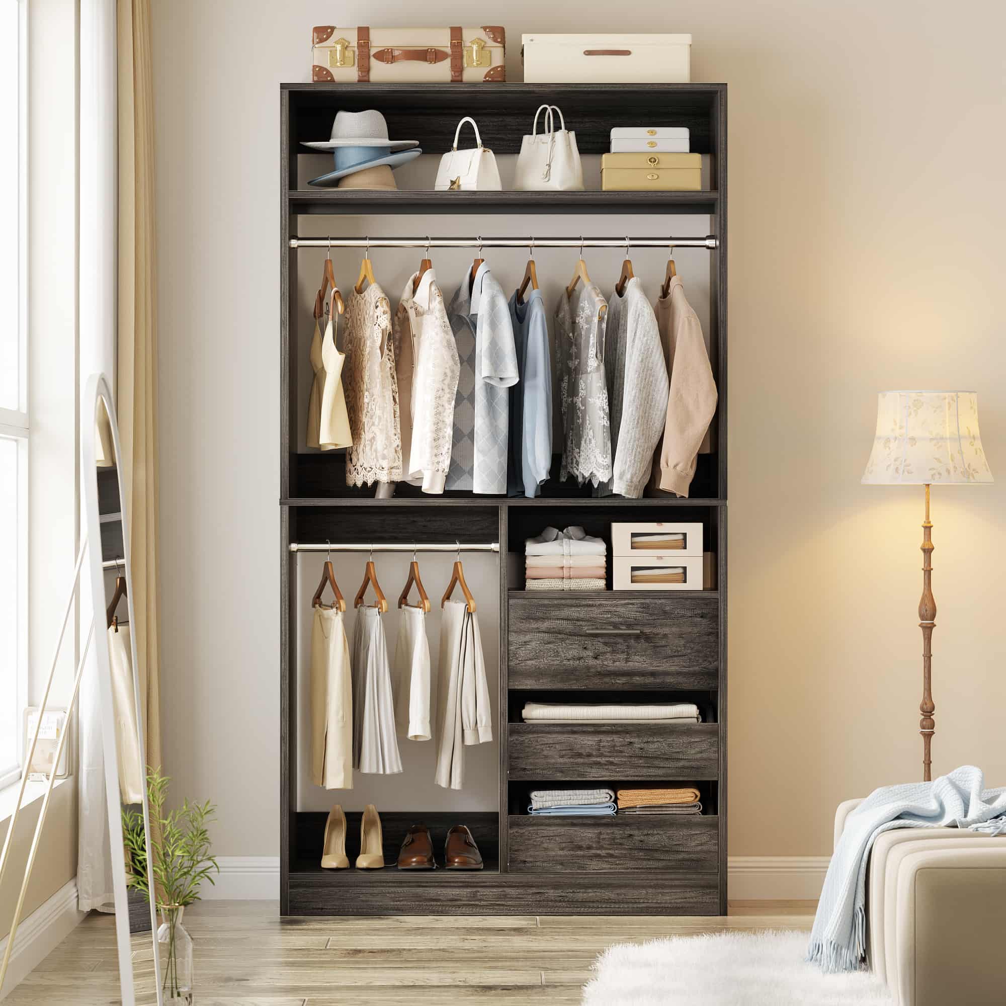 36" Free Standing Walk-in Closet System with 3 Wooden Drawers