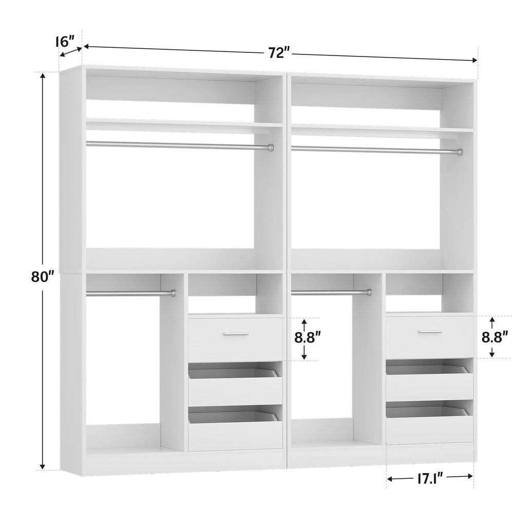 72'' Closet System with 6 Drawers and 4 Hanging Rods