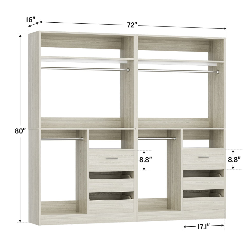 72'' Closet System with 6 Drawers and 4 Hanging Rods