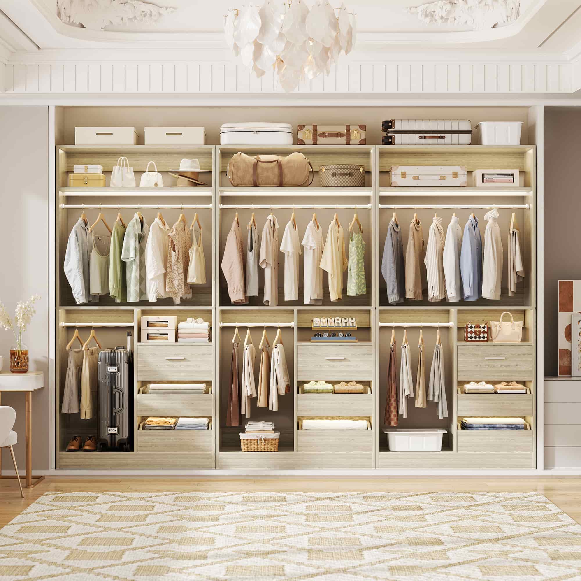 108'' Walk-in Closet System with 9 Drawers & 6 Hanging Rods