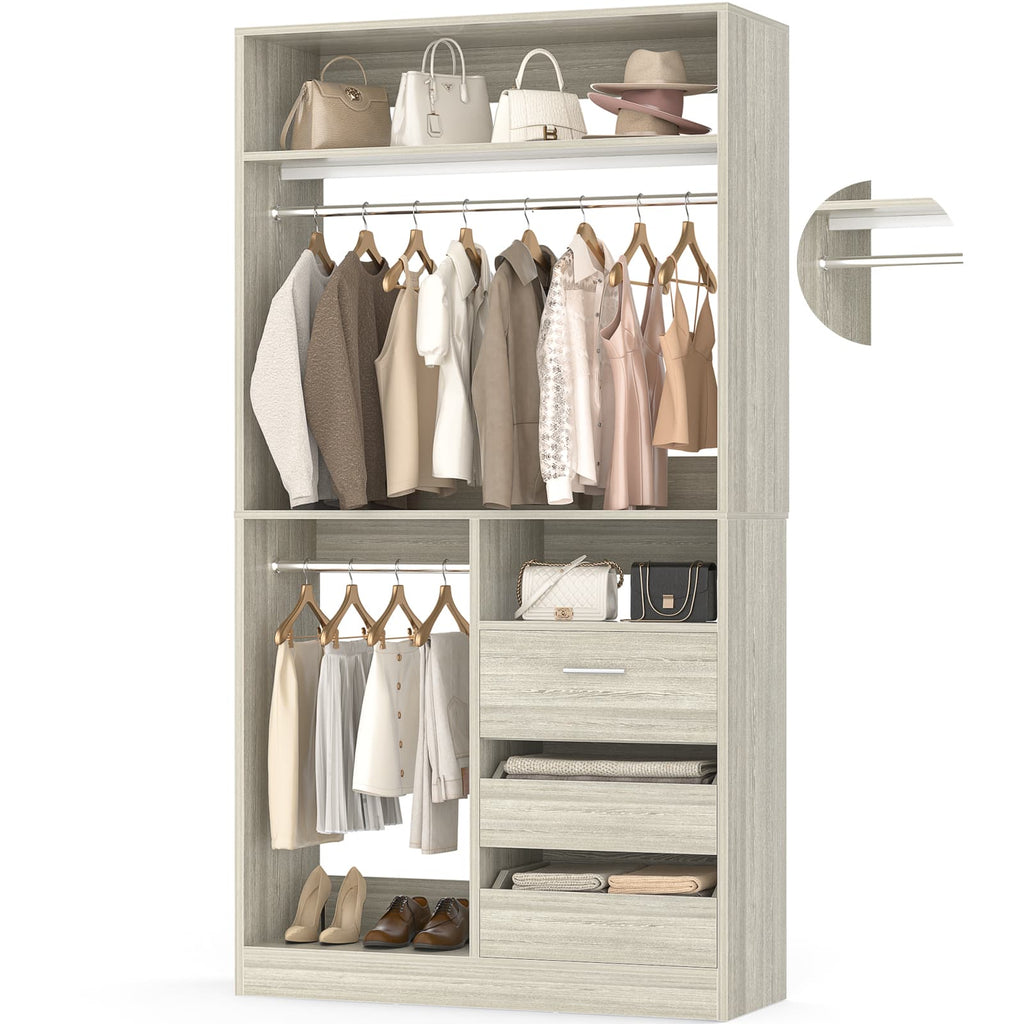 36" Free Standing Walk-in Closet System with 3 Wooden Drawers