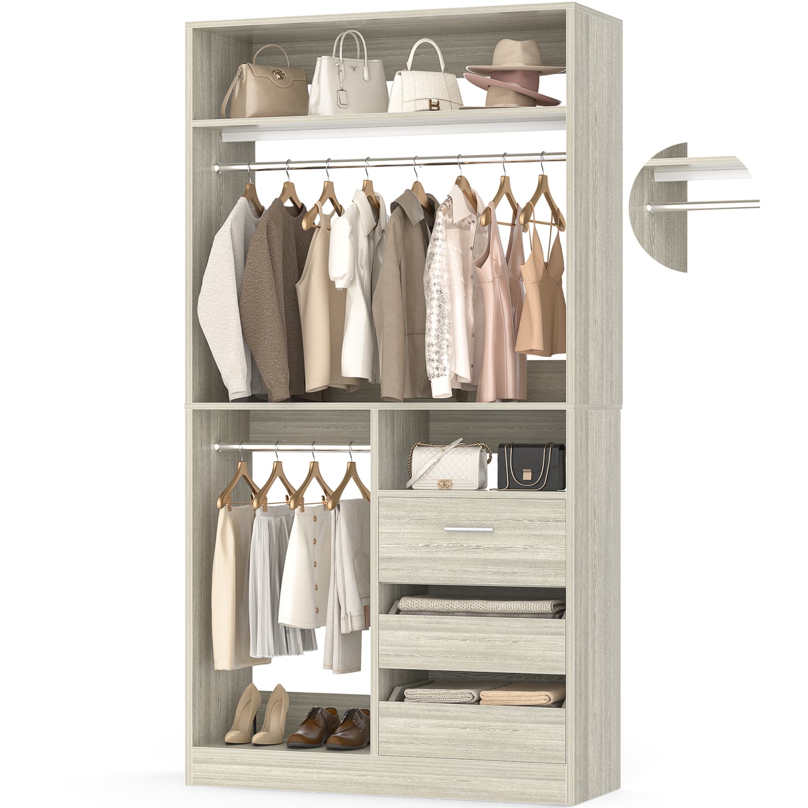 36" Free Standing Walk-in Closet System with 3 Wooden Drawers