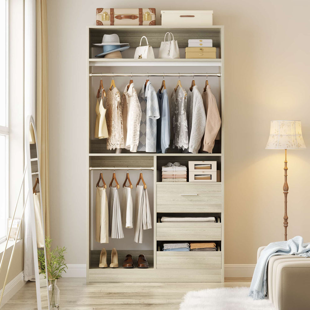 36" Free Standing Walk-in Closet System with 3 Wooden Drawers