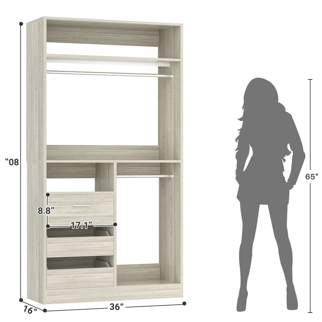 36" Free Standing Walk-in Closet System with 3 Wooden Drawers