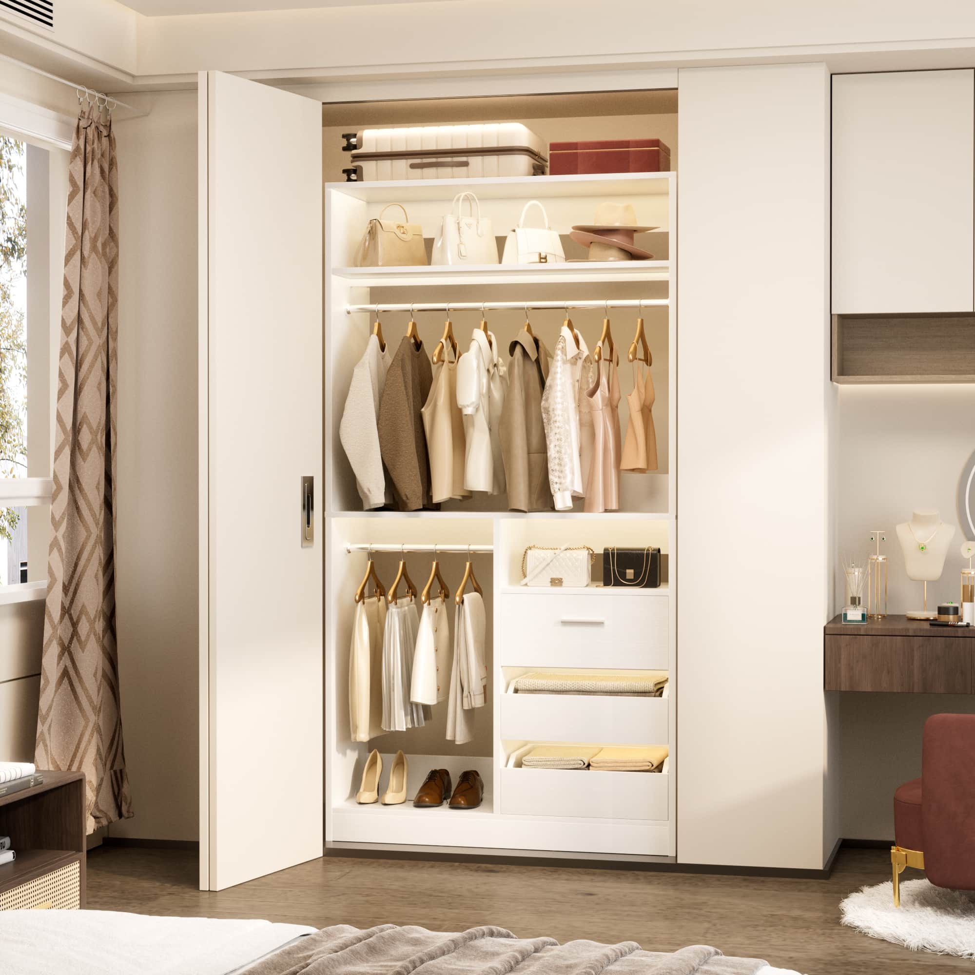 36" Free Standing Walk-in Closet System with 3 Wooden Drawers