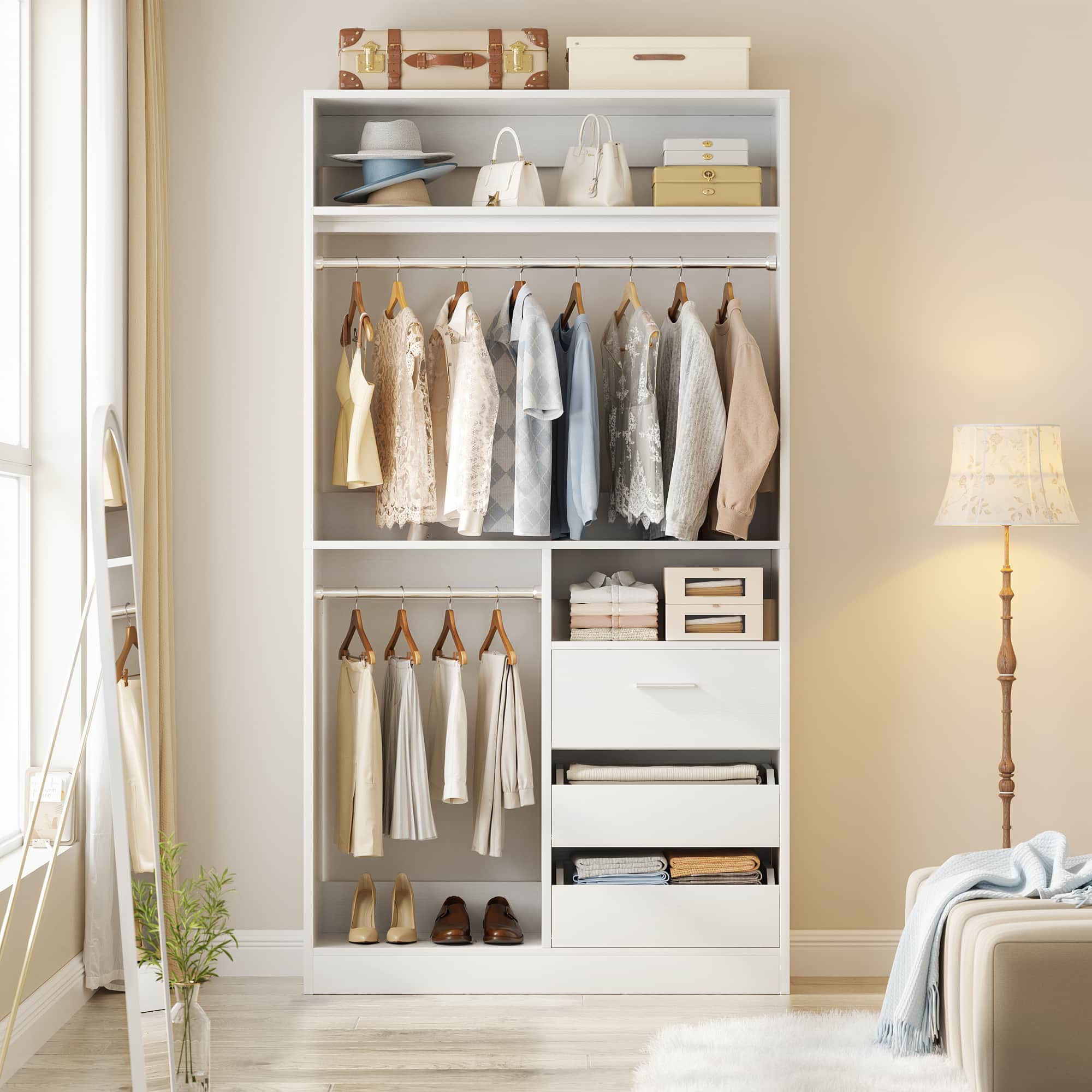 36" Free Standing Walk-in Closet System with 3 Wooden Drawers