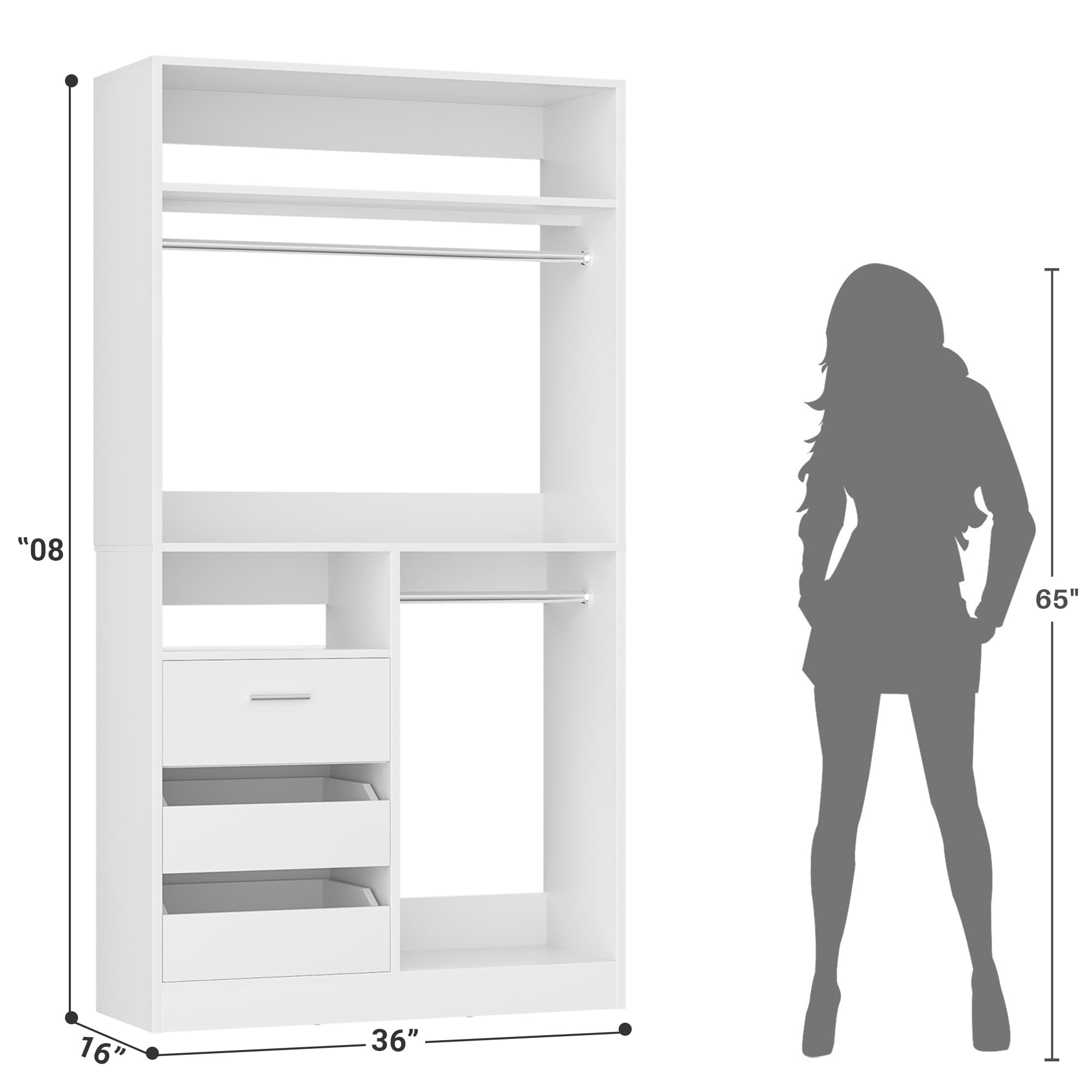 36" Free Standing Walk-in Closet System with 3 Wooden Drawers