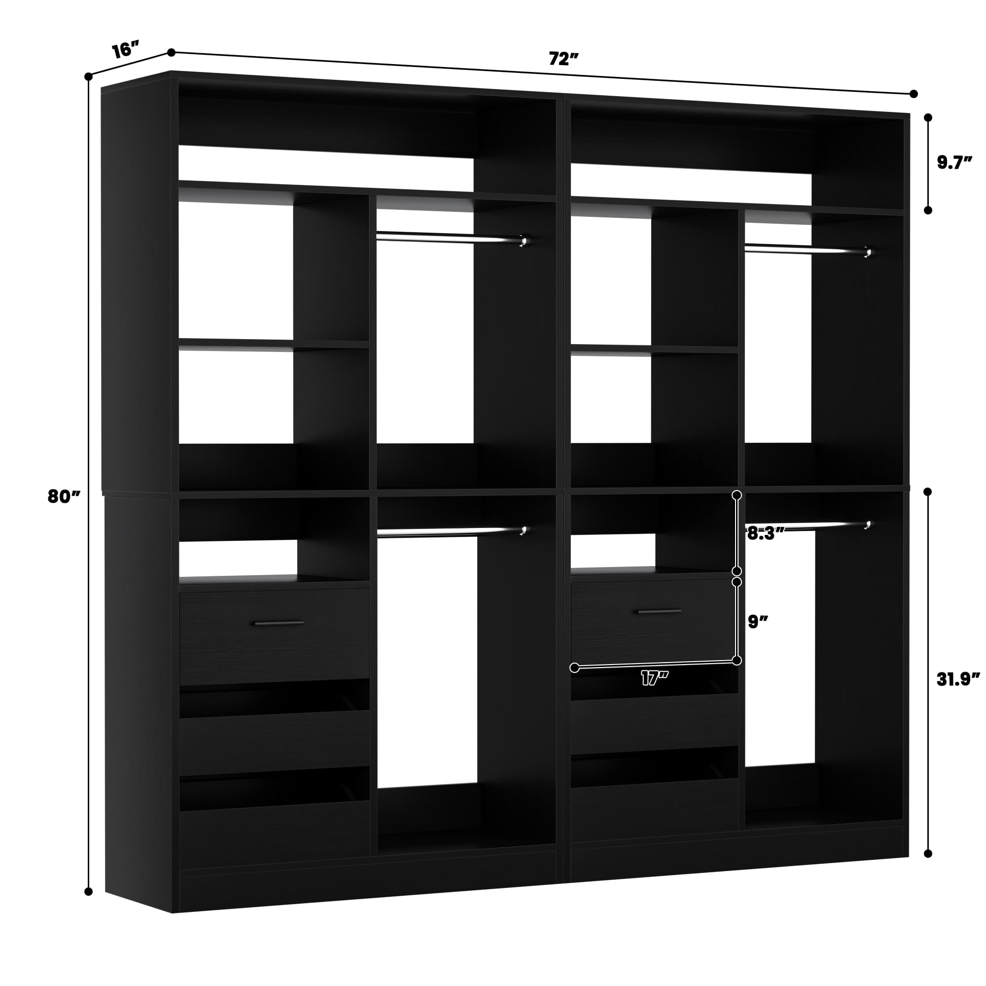 72'' Closet System 2-Piece Set with 6 Drawers, Hanging Rods and Shelves