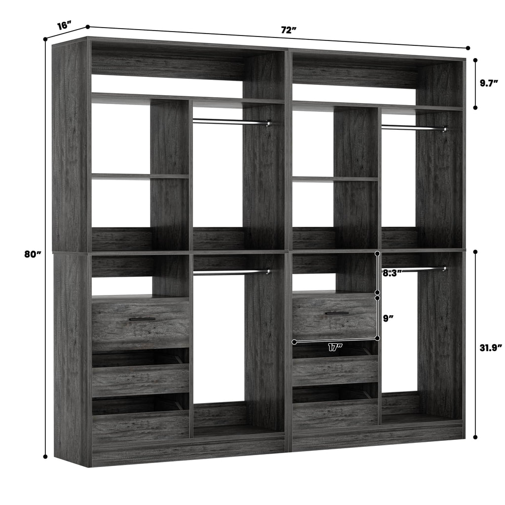 72'' Closet System 2-Piece Set with 6 Drawers, Hanging Rods and Shelves