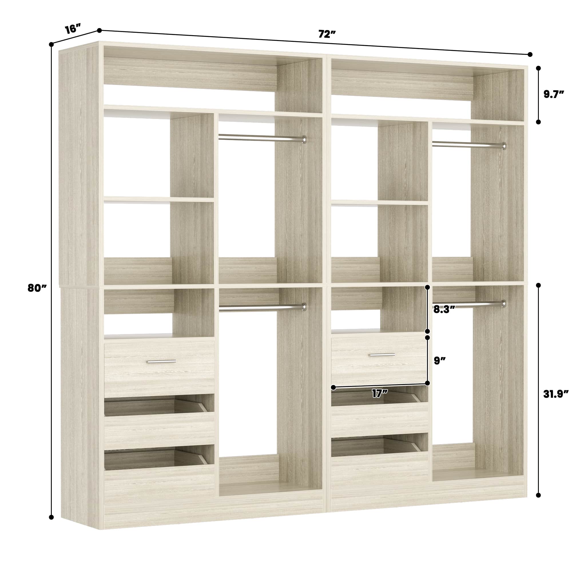72'' Closet System 2-Piece Set with 6 Drawers, Hanging Rods and Shelves