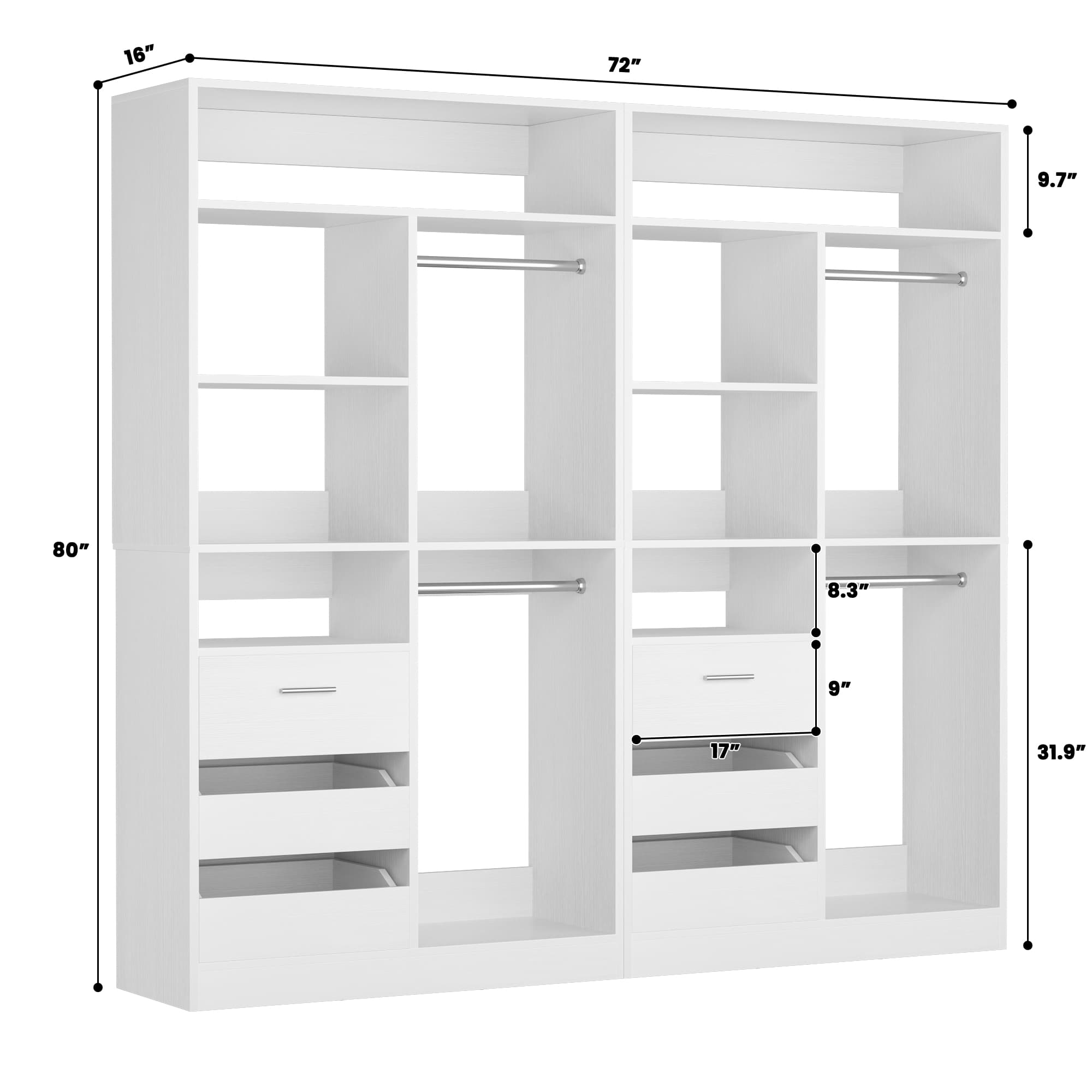 72'' Closet System 2-Piece Set with 6 Drawers, Hanging Rods and Shelves
