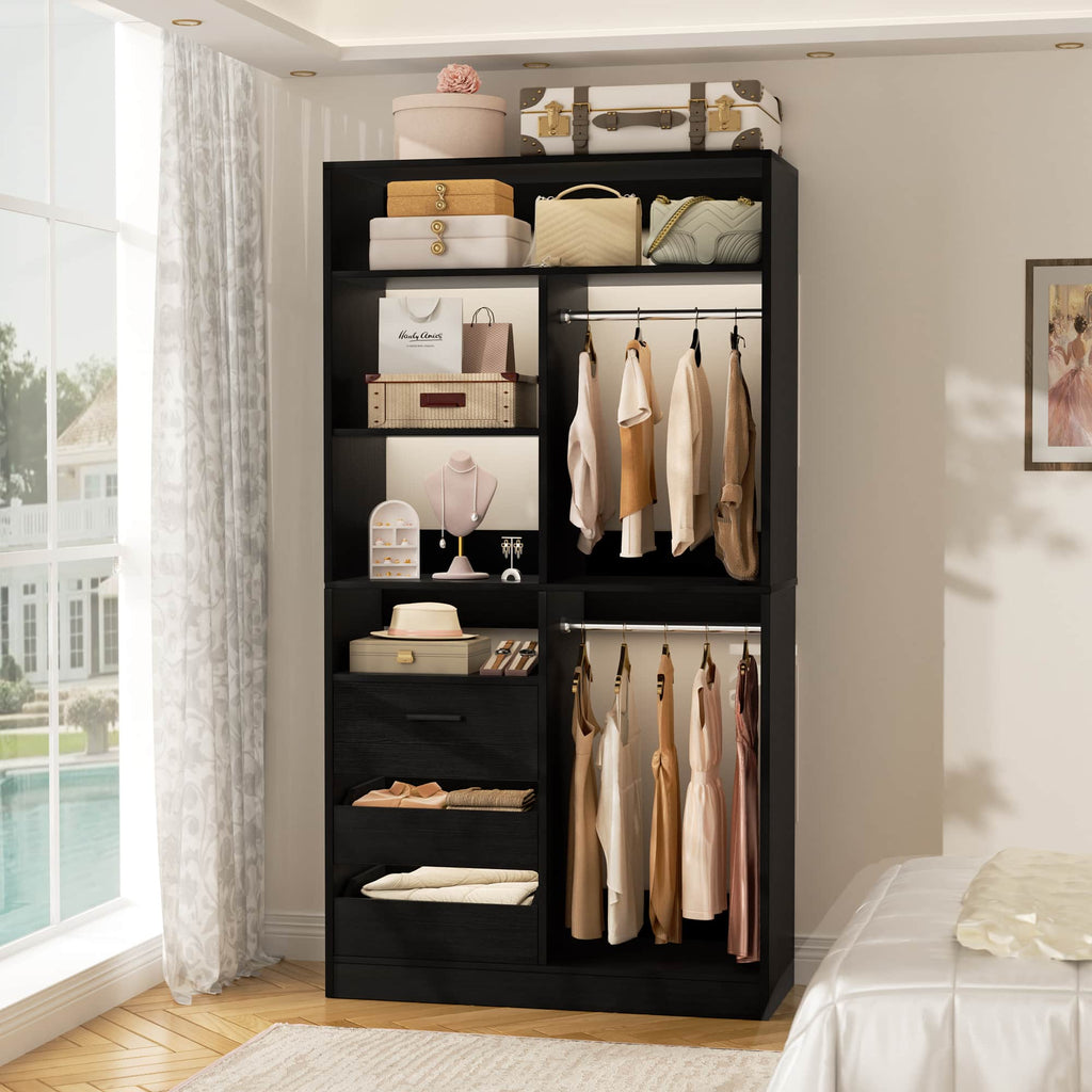 36" Walk-in Closet System with 3 Drawers and 2 Hanging Rods