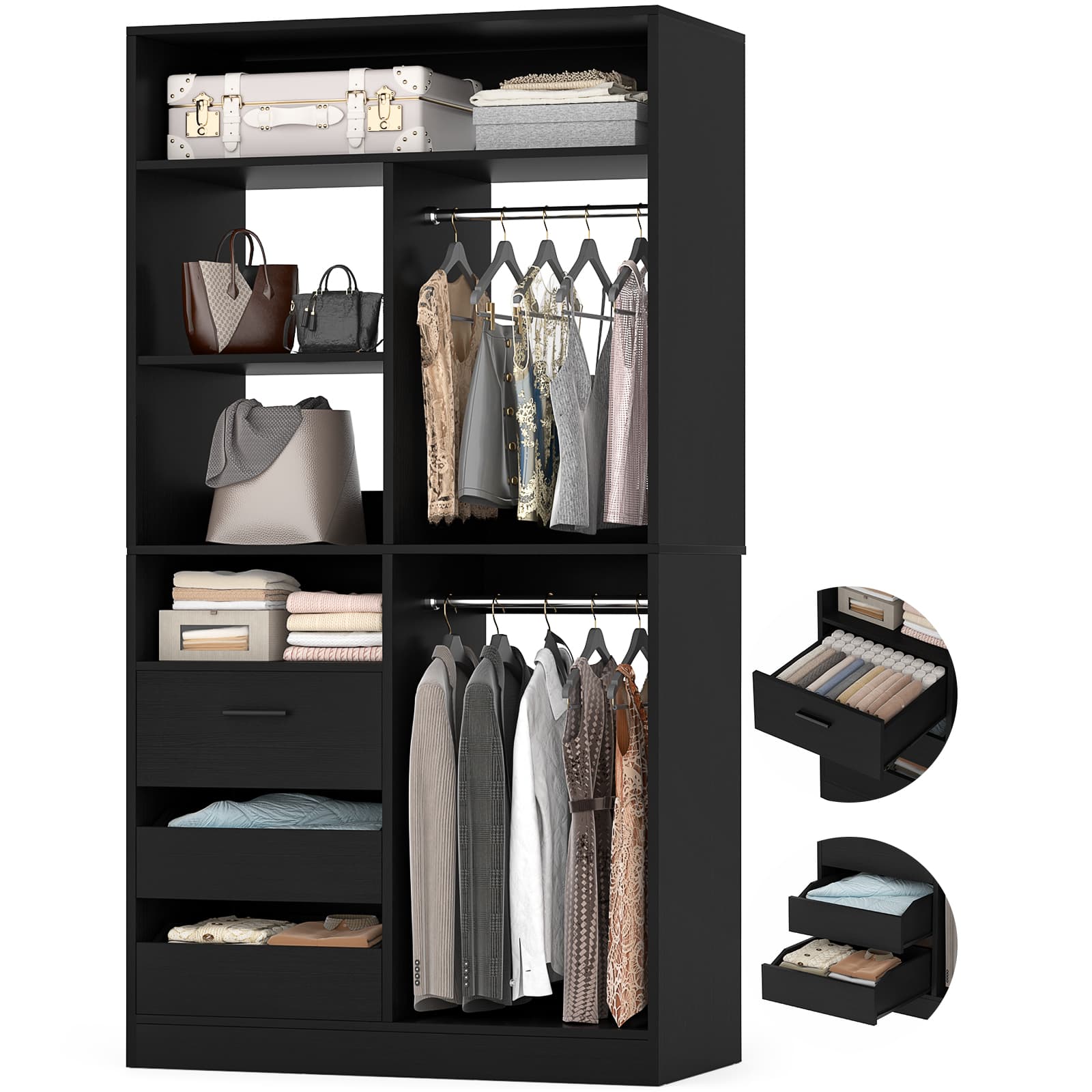 36" Walk-in Closet System with 3 Drawers and 2 Hanging Rods