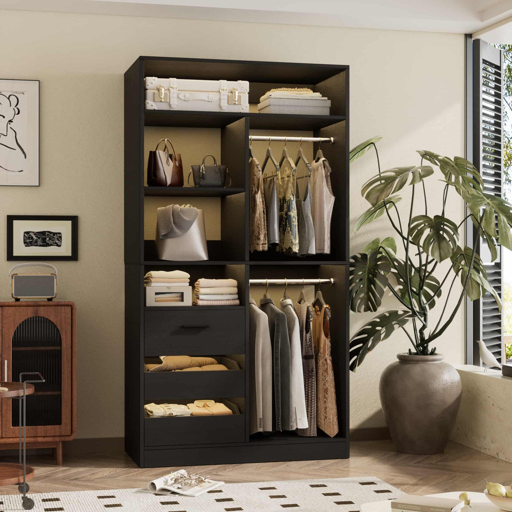 36" Walk-in Closet System with 3 Drawers and 2 Hanging Rods