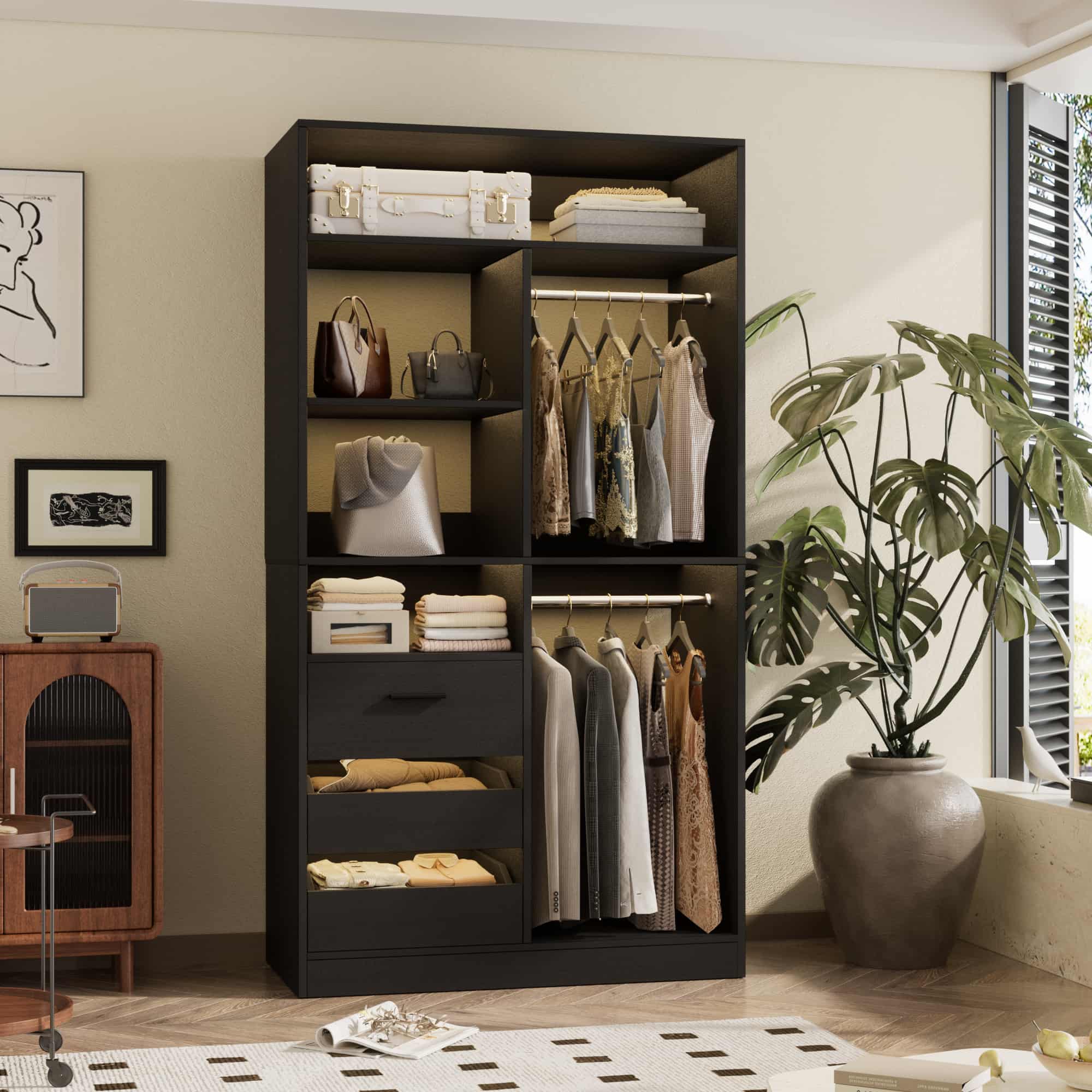 36" Walk-in Closet System with 3 Drawers and 2 Hanging Rods