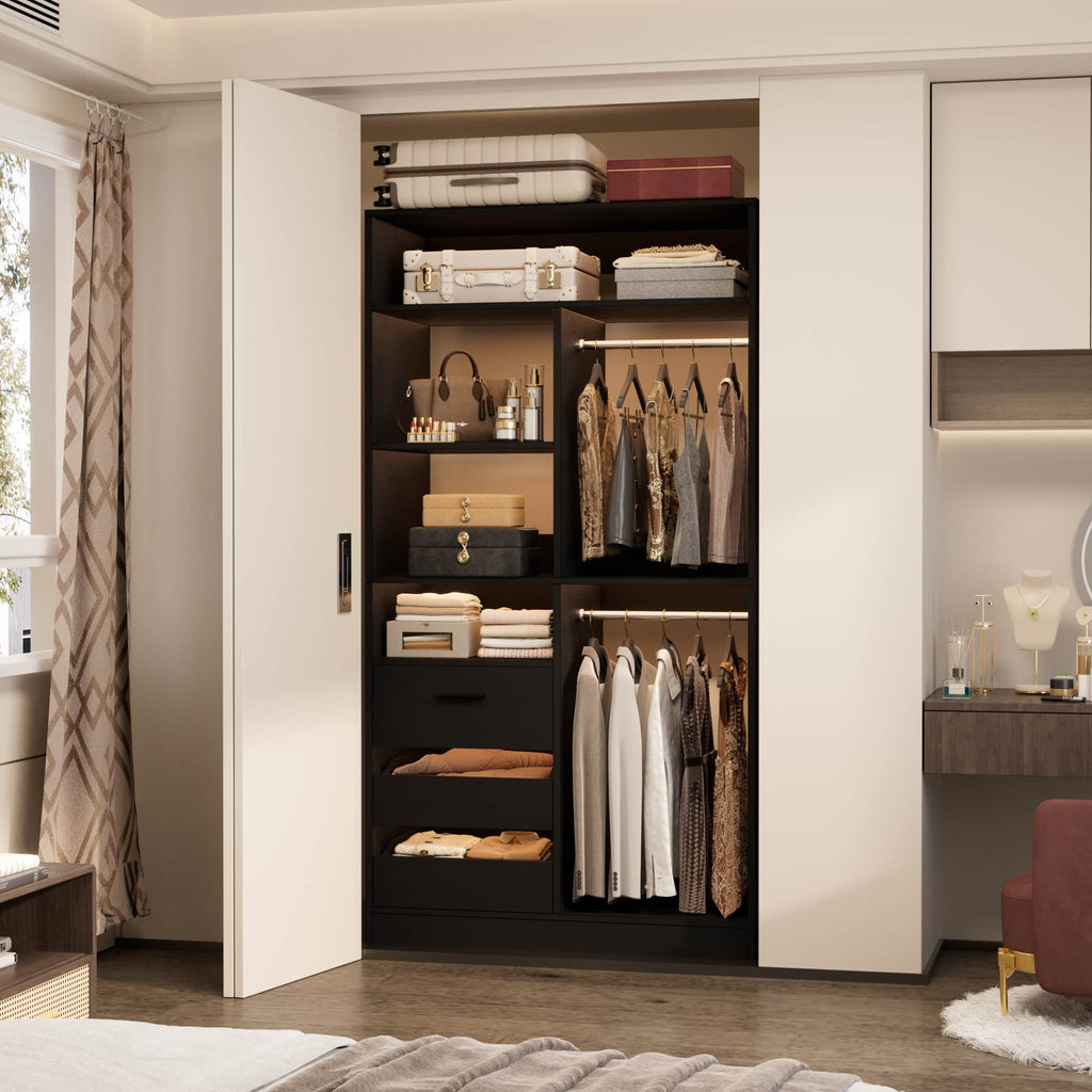 36" Walk-in Closet System with 3 Drawers and 2 Hanging Rods