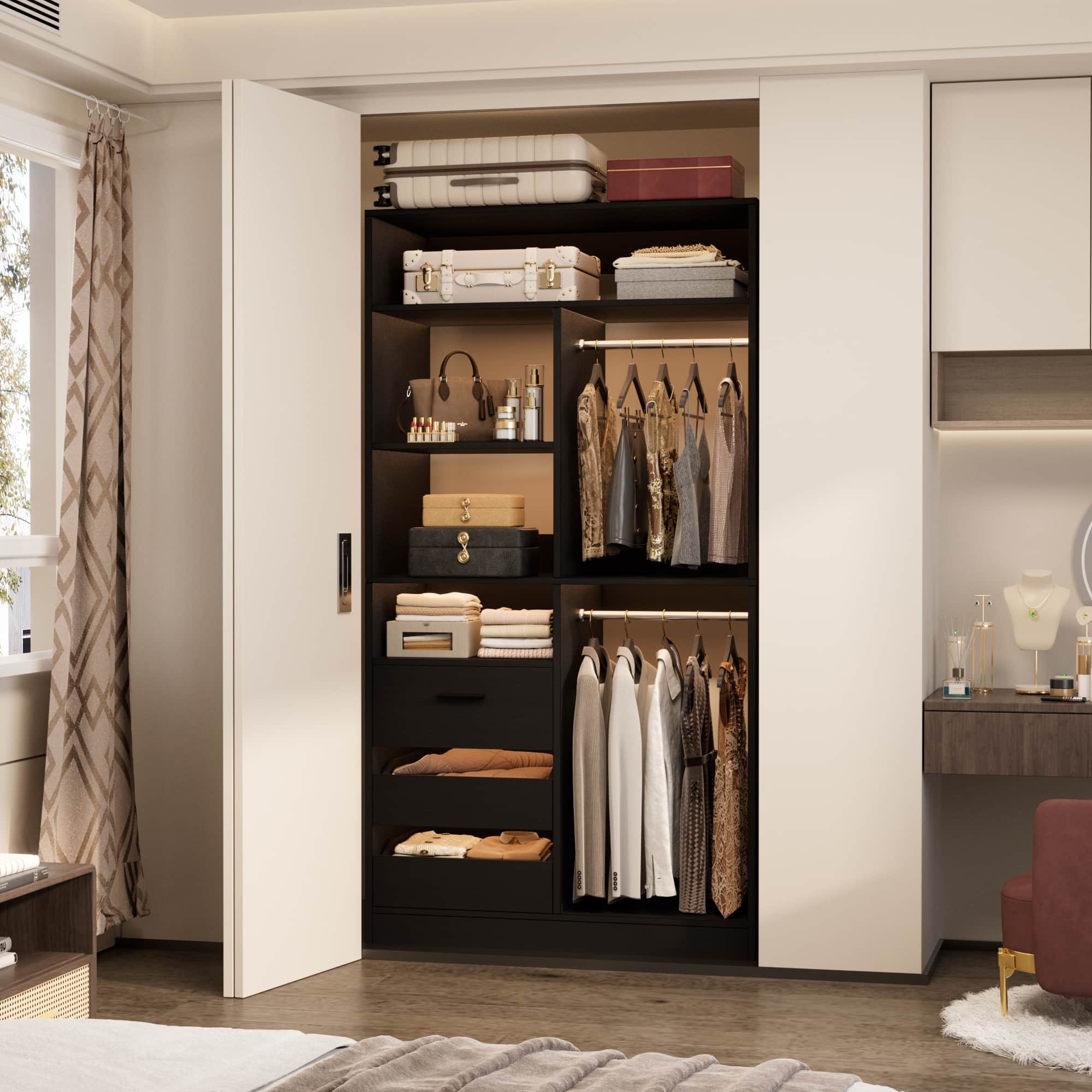 36" Walk-in Closet System with 3 Drawers and 2 Hanging Rods