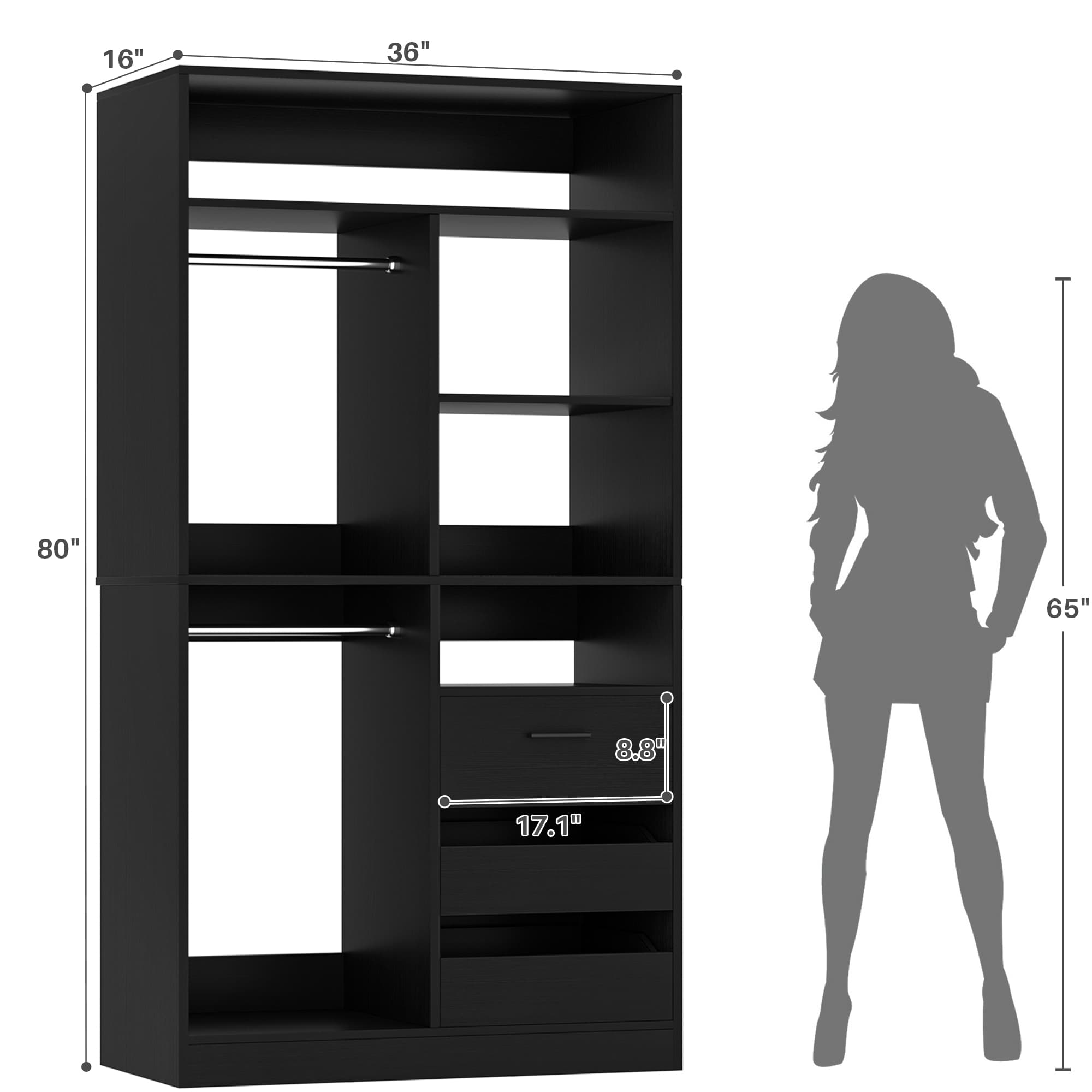 36" Walk-in Closet System with 3 Drawers and 2 Hanging Rods