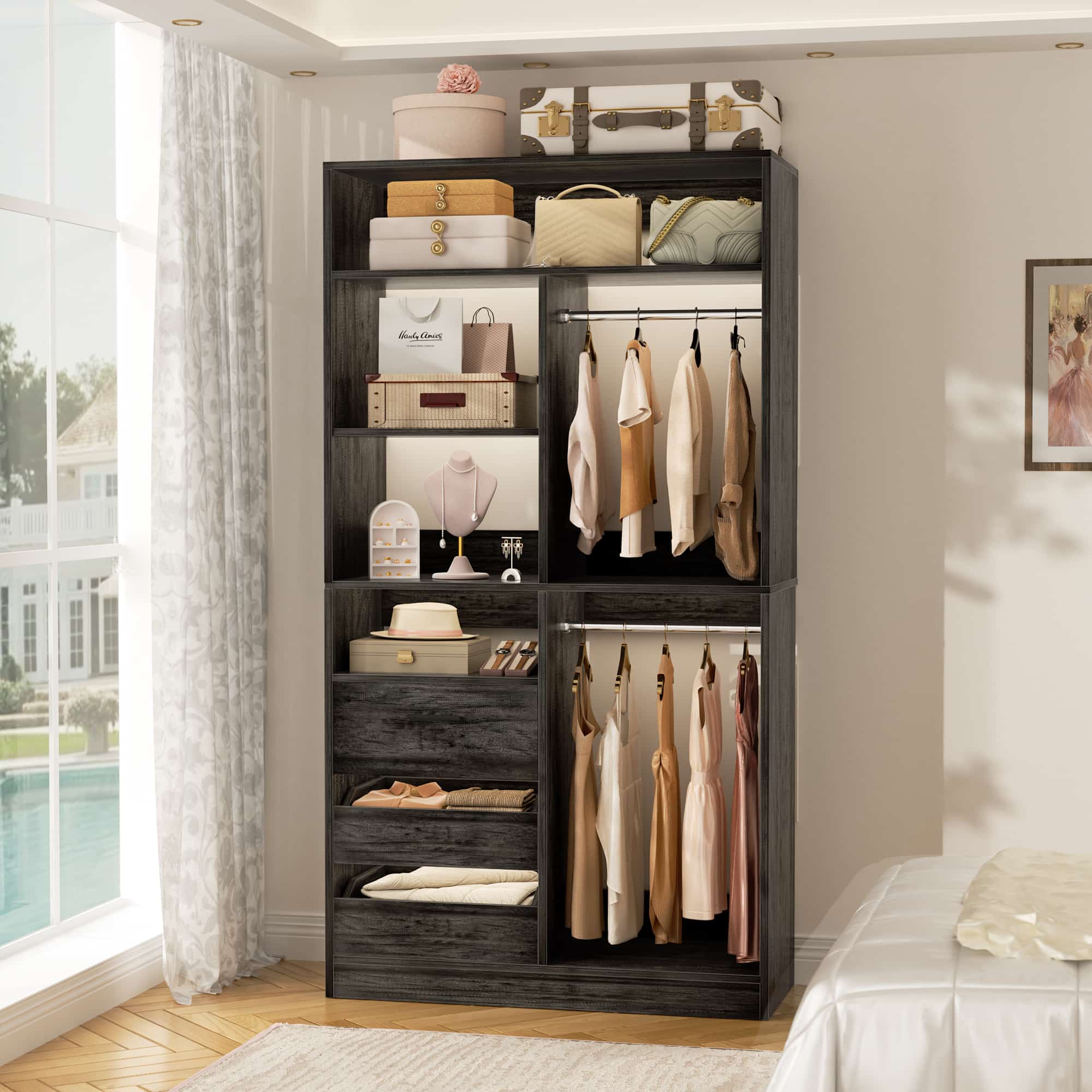 36" Walk-in Closet System with 3 Drawers and 2 Hanging Rods