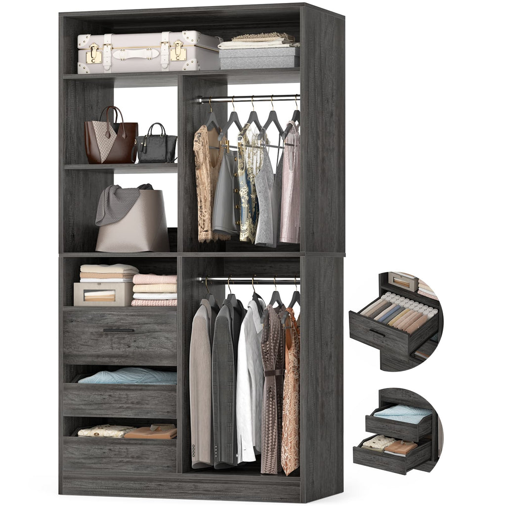 36" Walk-in Closet System with 3 Drawers and 2 Hanging Rods